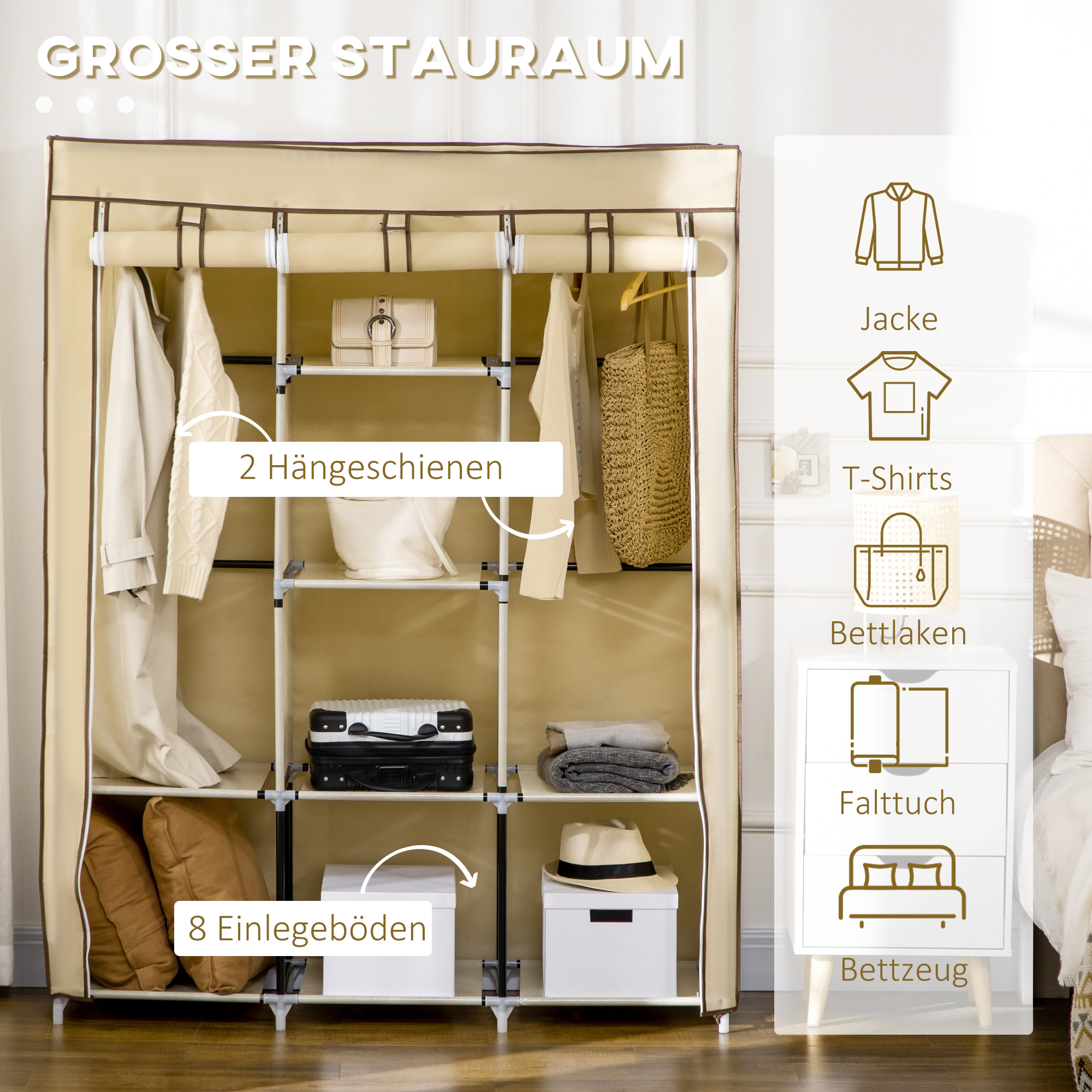 Schrank aus Stoff, Aufbewahrungslösung, 8 Regale, 2 Kleiderstangen, Beige