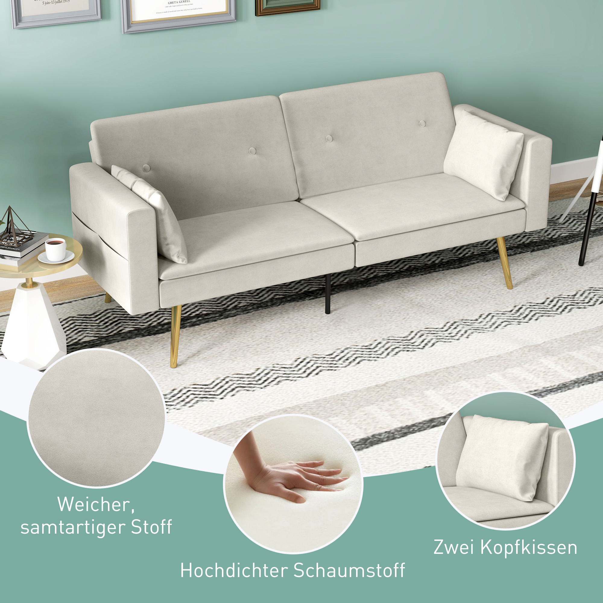 2-Sitzer Bettsofa, Verstellbare Rückenlehne, weiche Kissen, samtartiger Bezug, für Wohnzimmer, Gästezimmer, Beige