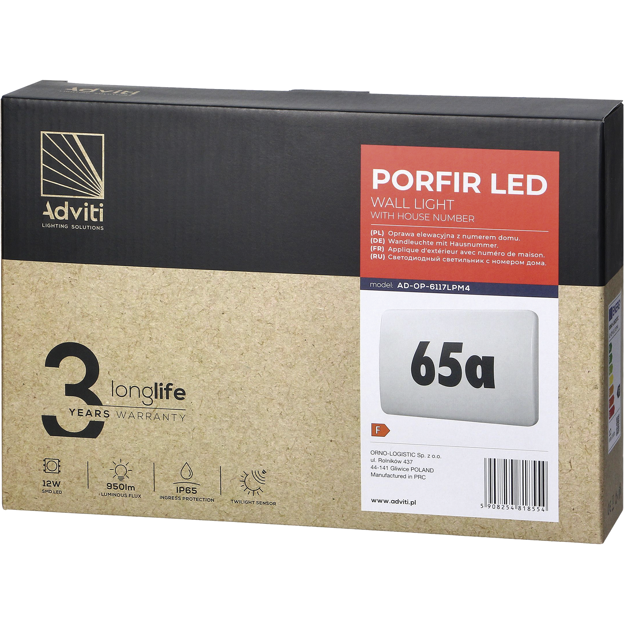 LED Leuchte mit Hausnummer, PORFIR LED 12W, 950lm, IP65, 4000K, IK10