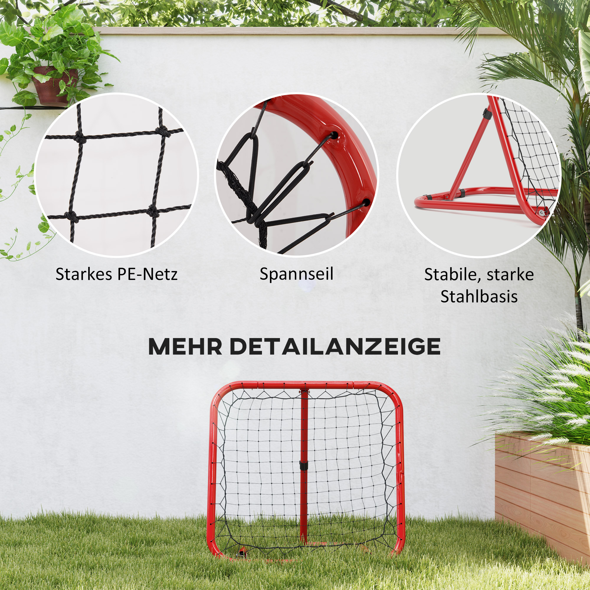 Fußball Rebounder-Netz, klappbar, Rückprallwand, Verstellbar in 5 Stufen, Metall, 78 x 84 x 65-78 cm, Rot