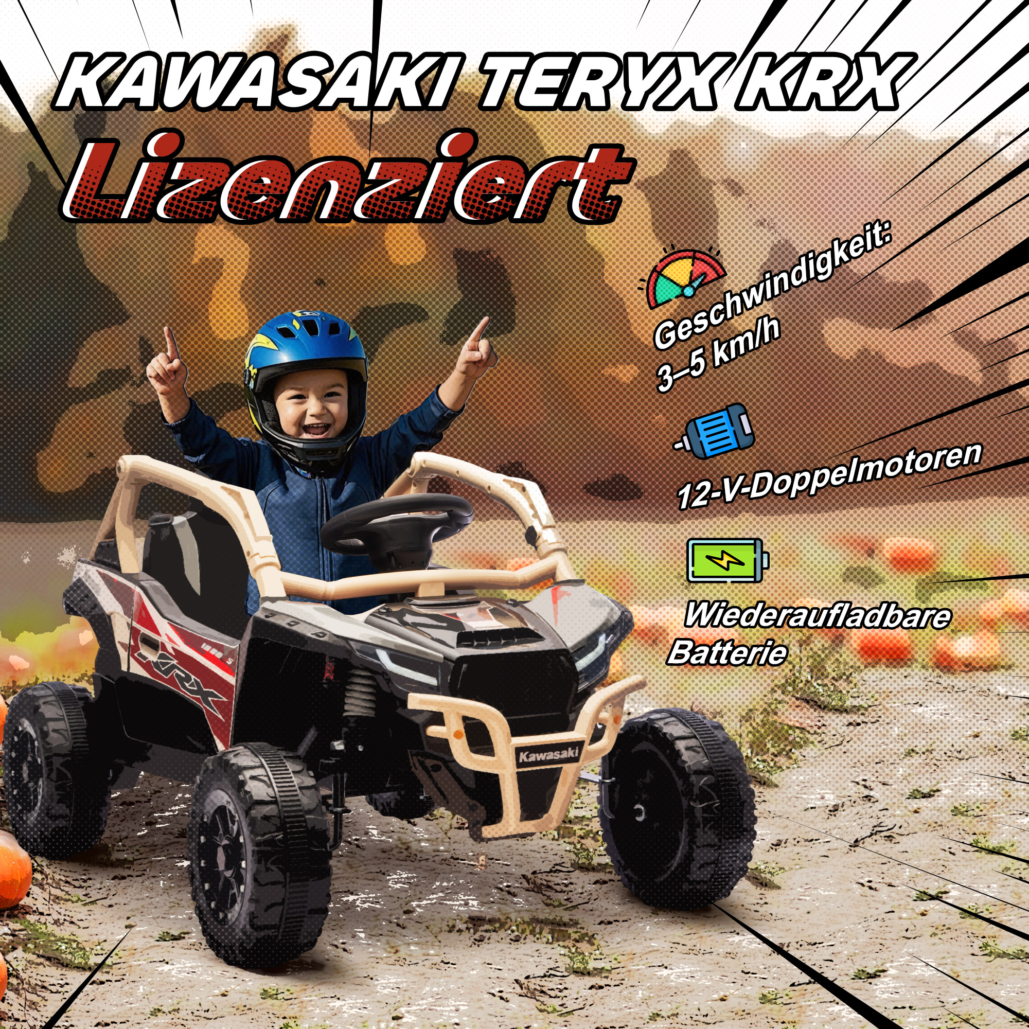 12V Elektrisches Geländefahrzeug für Kinder, Fernbedienung, LED-Lichter, Musik, Hupe, für Kinder von 3-8 Jahren, Gelb