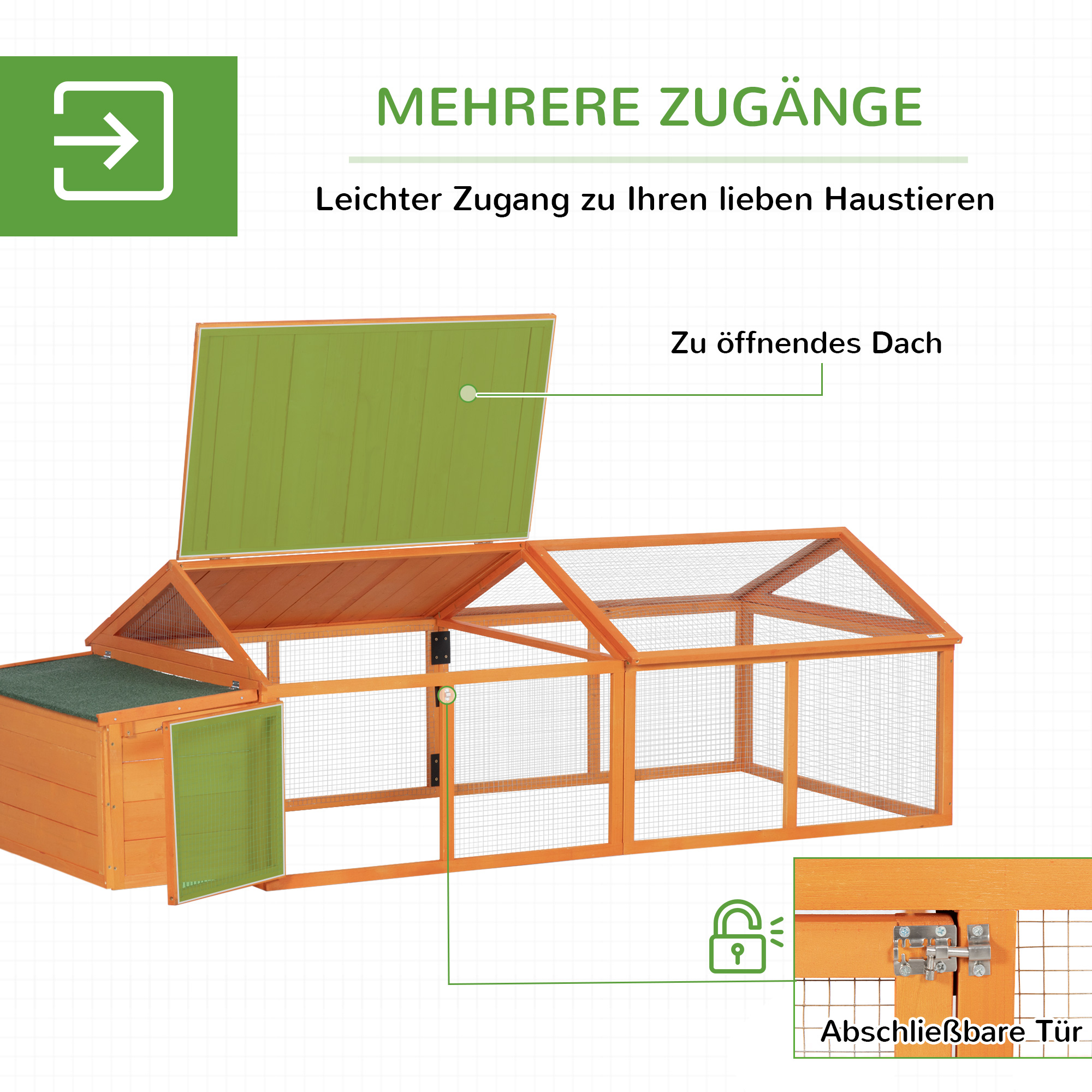 Hühnerstall Freilaufgehege 2,4 x 1,125 x 0,76 m Freigehege mit Schloss Tür aufklappbar Dach Tannenholz Orange