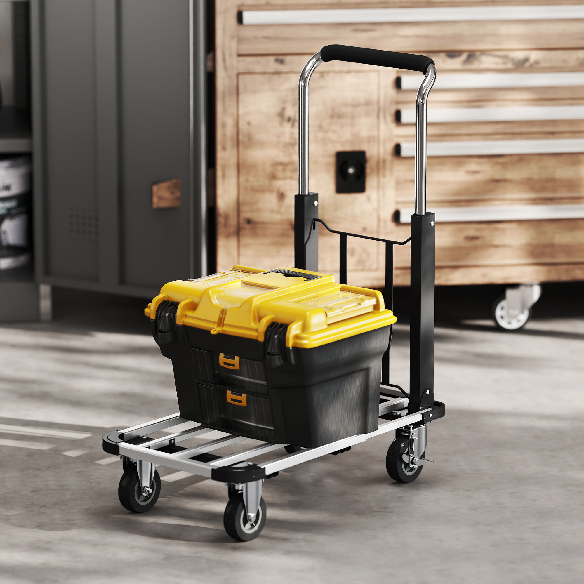 Faltbarer Handwagen, 150 kg Belastbarkeit, erweiterbare Fläche, höhenverstellbarer Griff, für Kisten, Metall, Schwarz