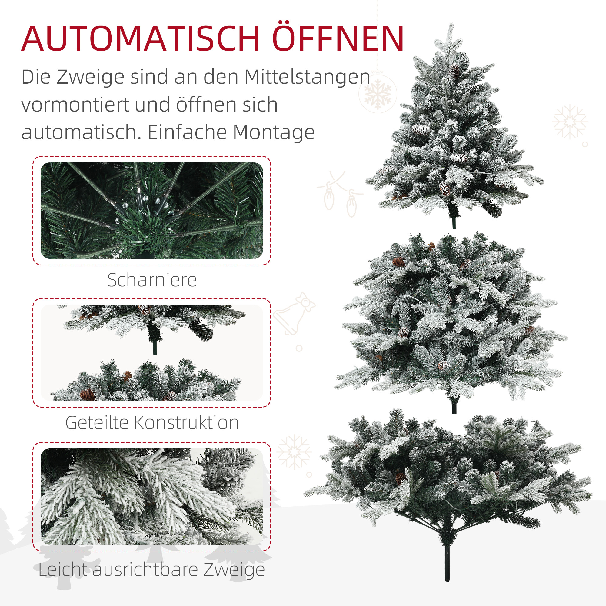 Künstlicher Weihnachtsbaum, 180 cm, LED-Lichter, schneebedeckt, flammenhemmend, Metall