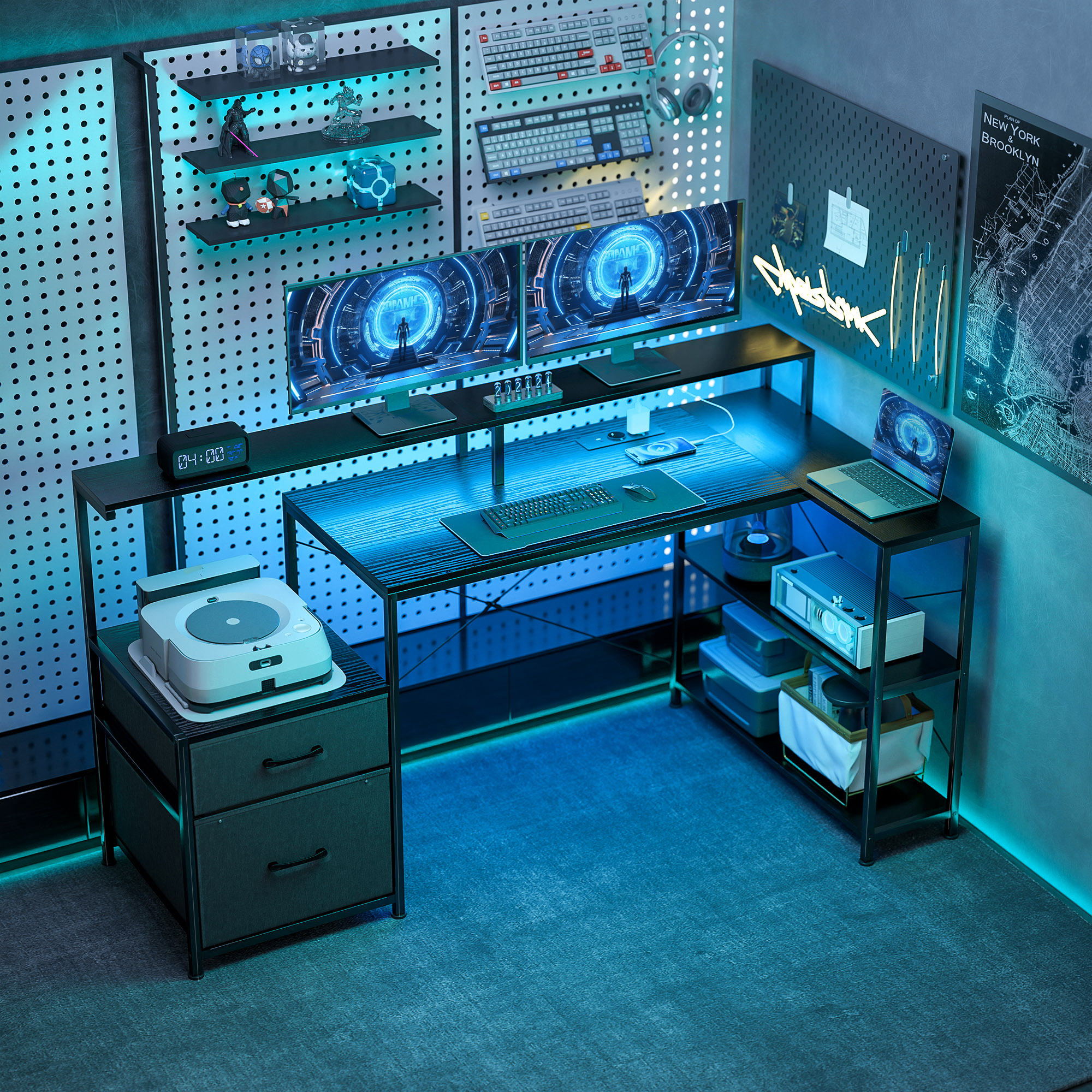 Gaming Tisch L-förmiger Schreibtisch mit LED & Steckdosen, mit Doppelmonitorständer, 165x80x91,5 cm, Schwarze Holzoptik