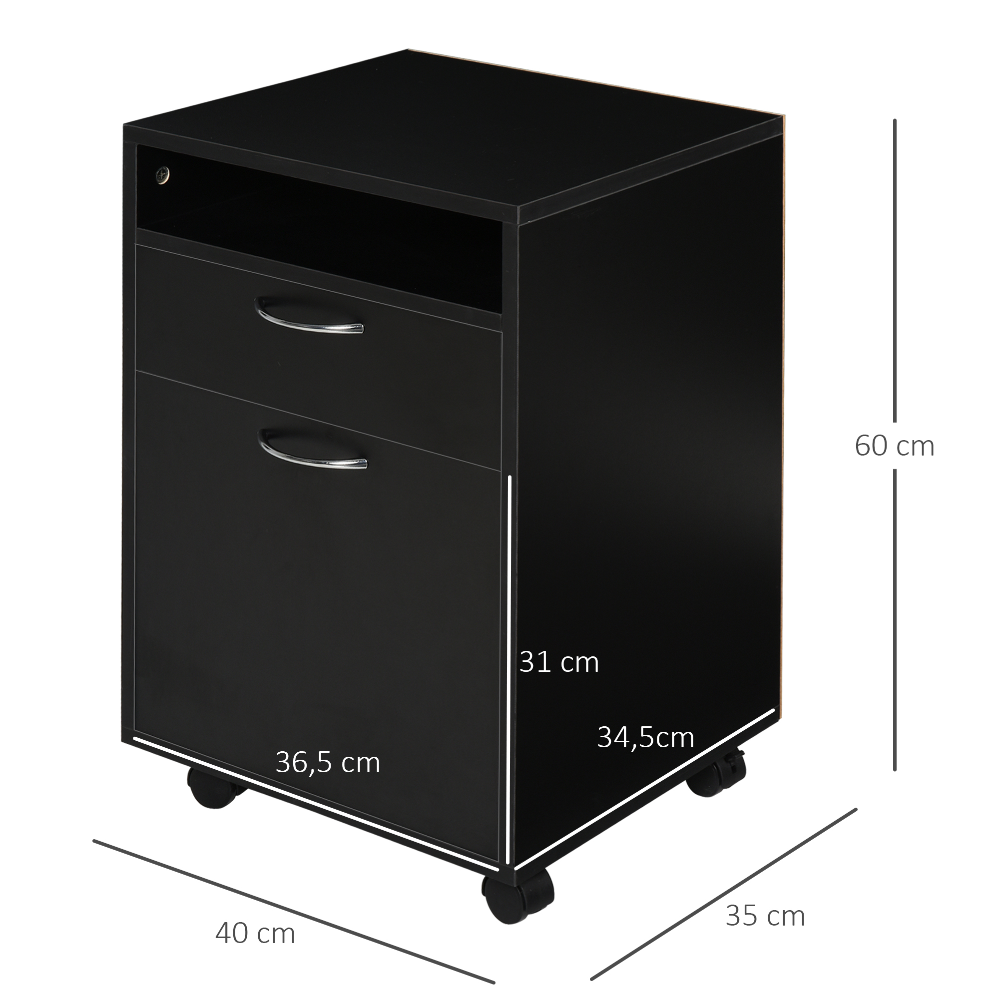 Rollcontainer Schubladencontainer Container, 1 Fach, 1 Regal, 1 Schublade, 40 cm x 3 cm x 60 cm, Schwarz