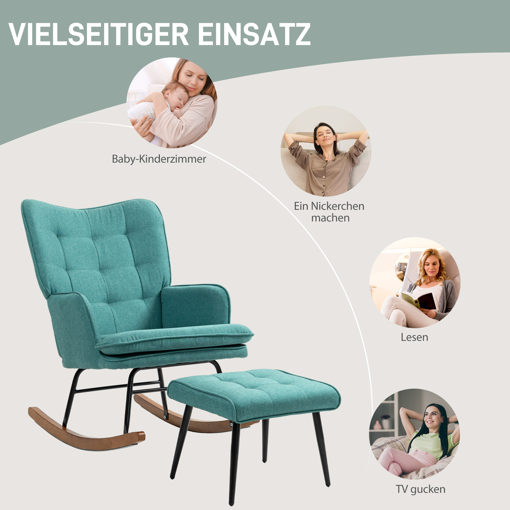 Schaukelstuhl mit Fußhocker, breite Sitzfläche, hohe Rückenlehne, Leinenimitat, Mintgrün
