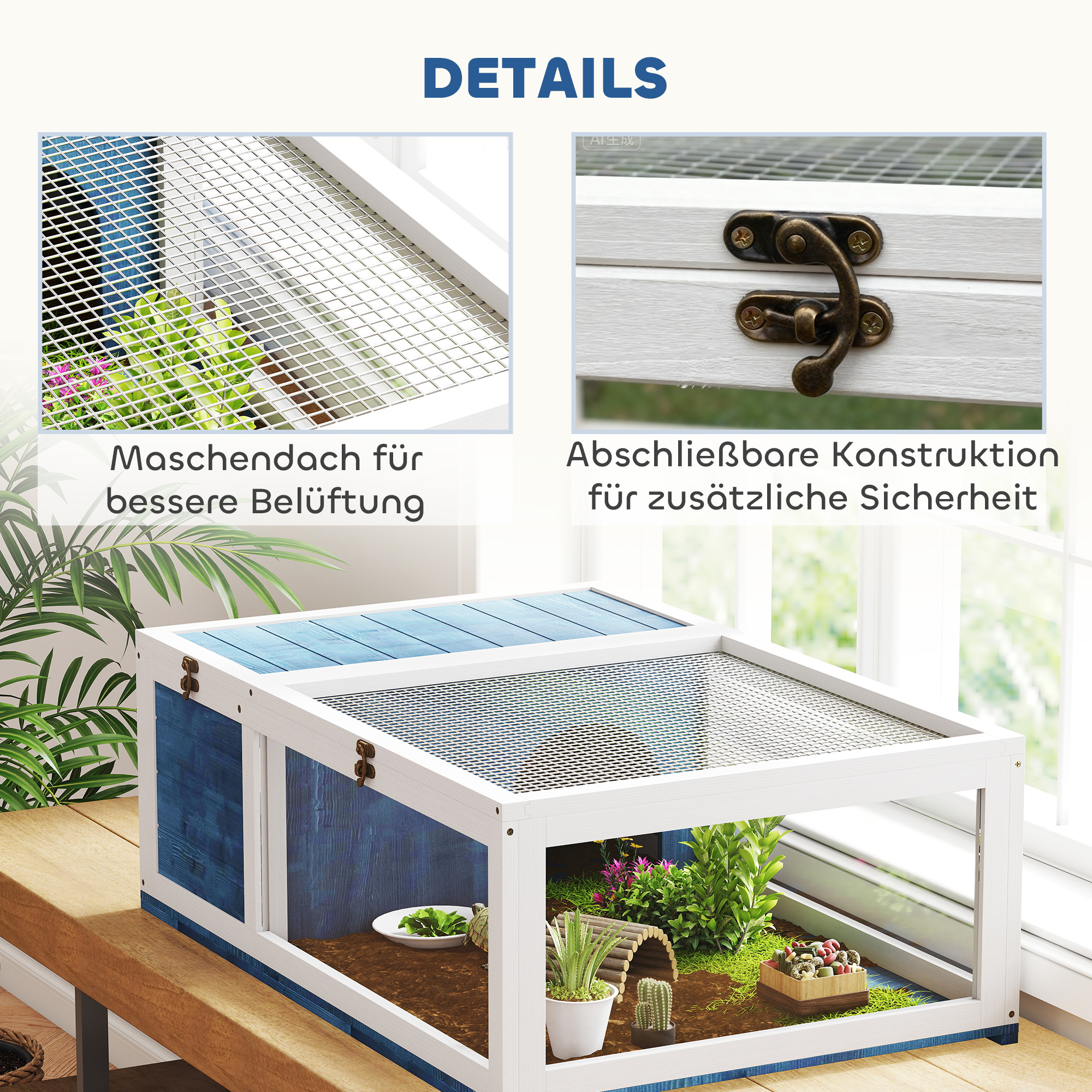 Schildkrötenhaus aus Holz Schildkrötengehege mit Haupthäusern aufklappbarem Oberseite 91x60,5x32 cm, Blau