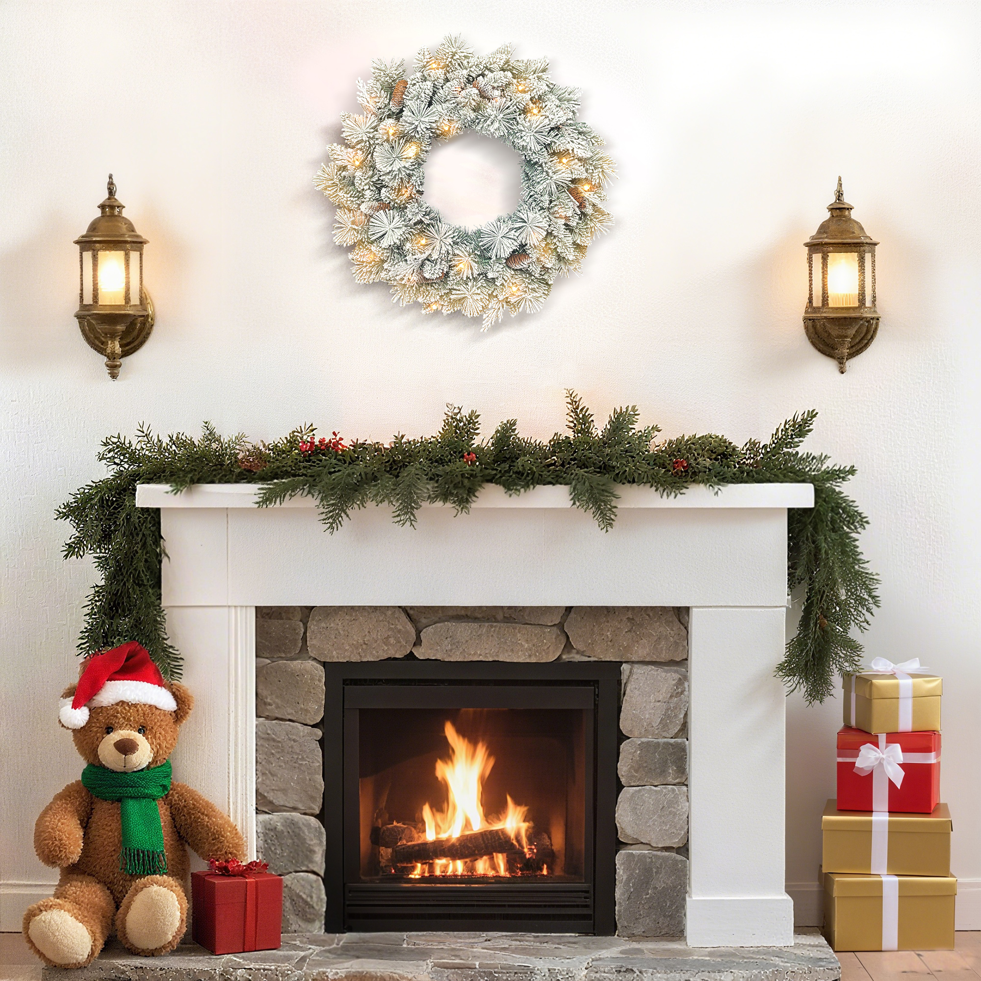 Tannenkranz Weihnachtskranz mit LED-Lichterkette, Tannenzapfen, Türkranz Grün+Weiß, Ø60 x 8 cm