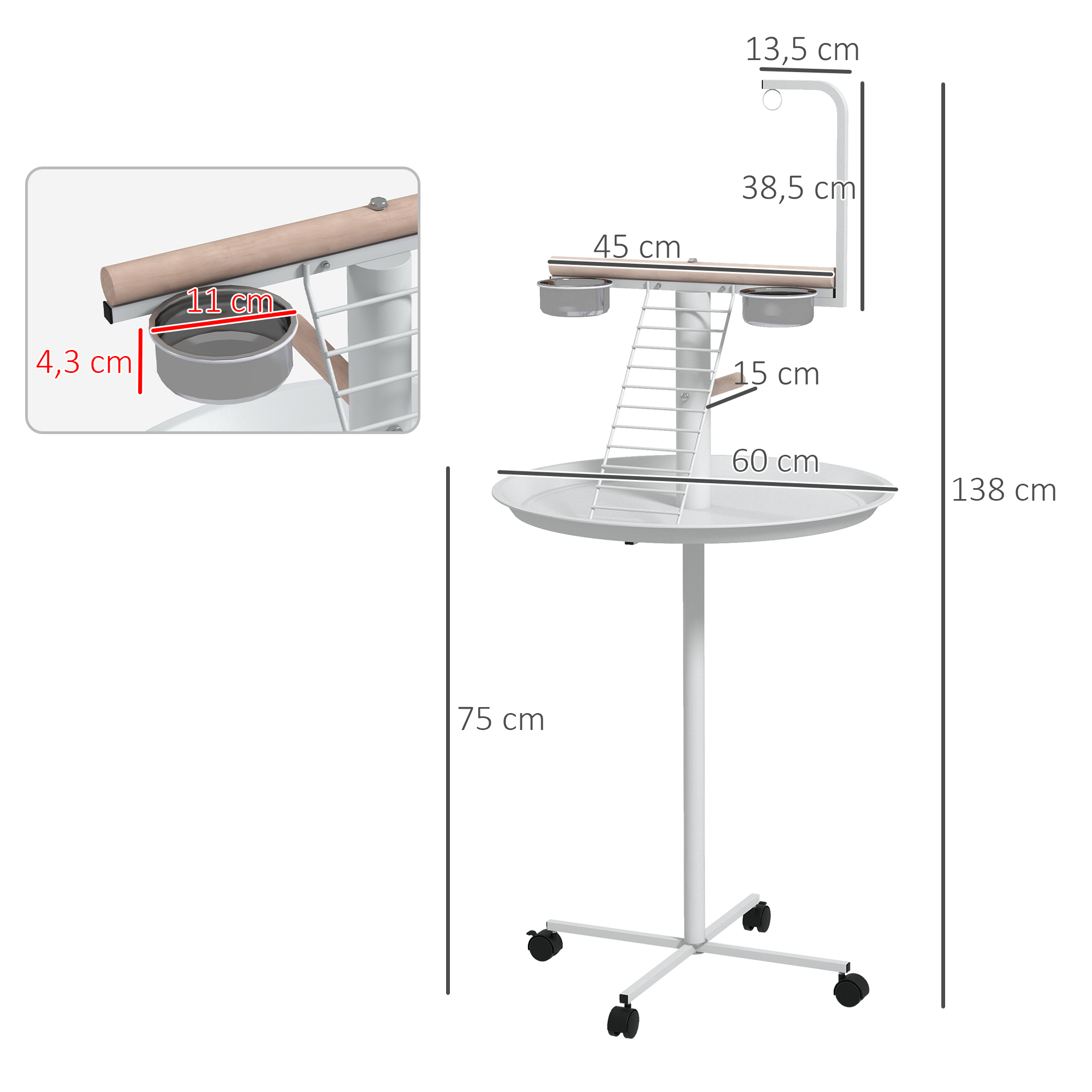 Anflugstange Freisitz für Papageien Sitzstange, 1 Leiter, 1 Schaukel, Futternäpfe, 60 x 60 x 138 cm, Weiß + Natur