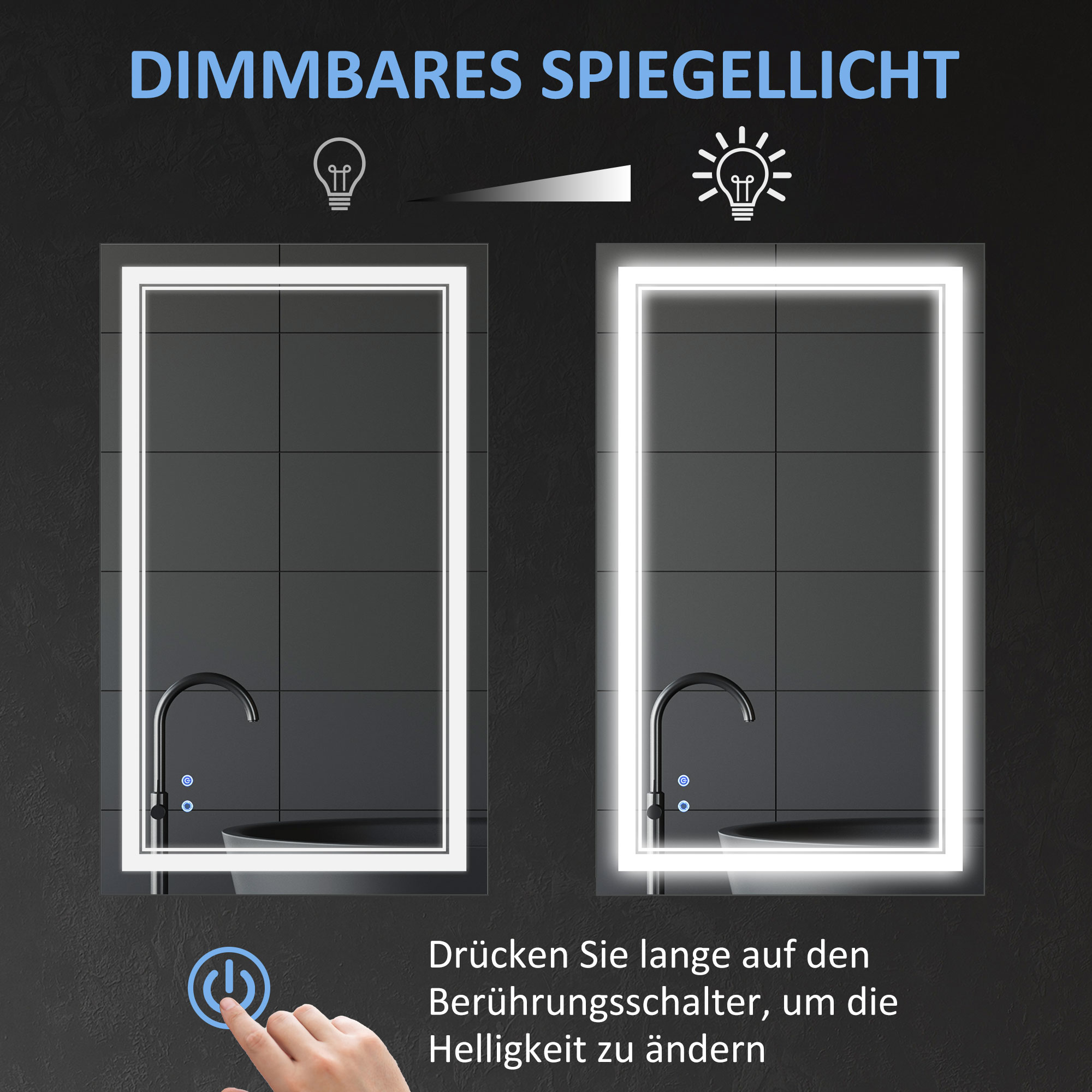 Badezimmerspiegel mit LED-Beleuchtung, Memoryfunktion, Berührungsschalter, Spritzwassergeschützt, Silber