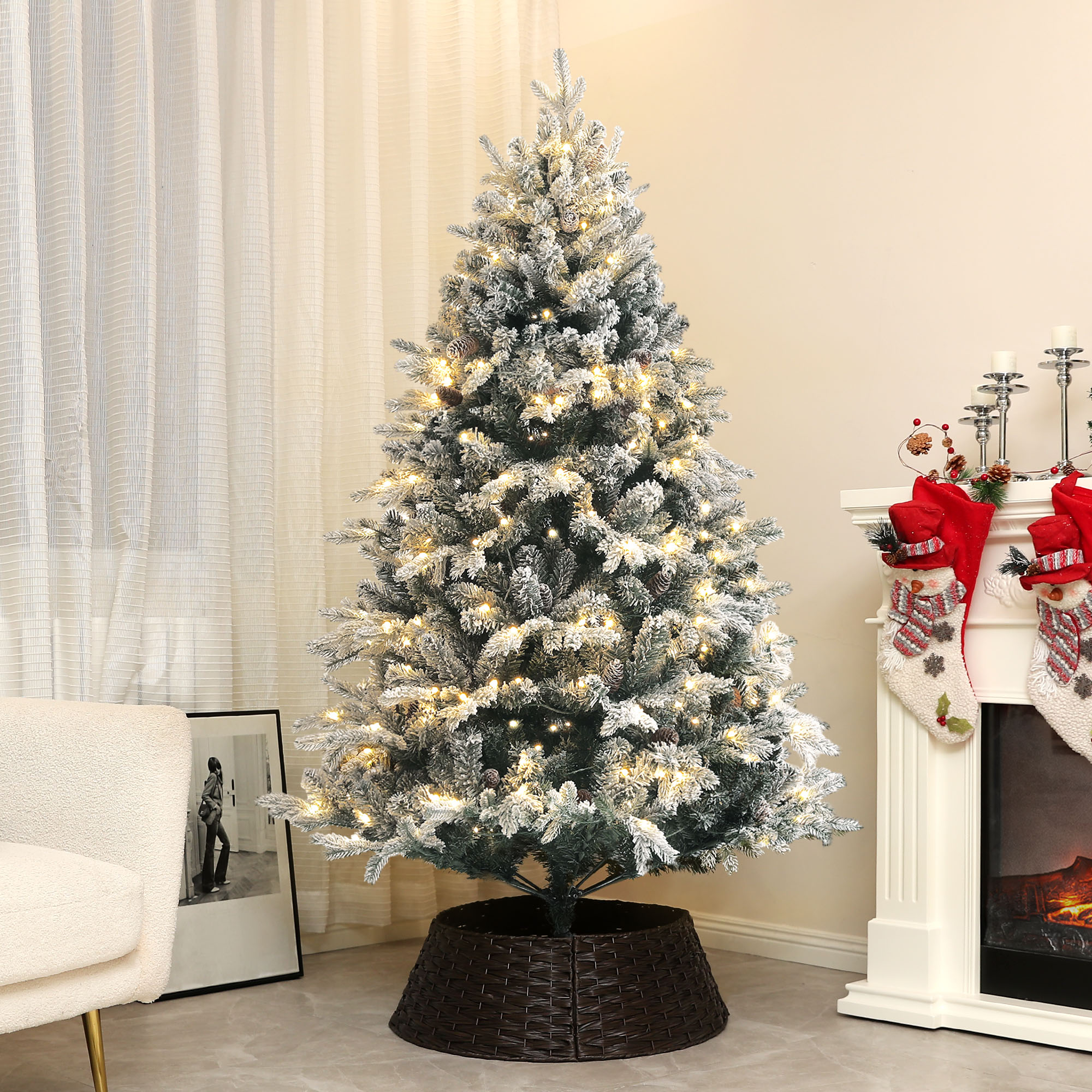 Künstlicher Weihnachtsbaum, 180 cm, LED-Lichter, schneebedeckt, flammenhemmend, Metall