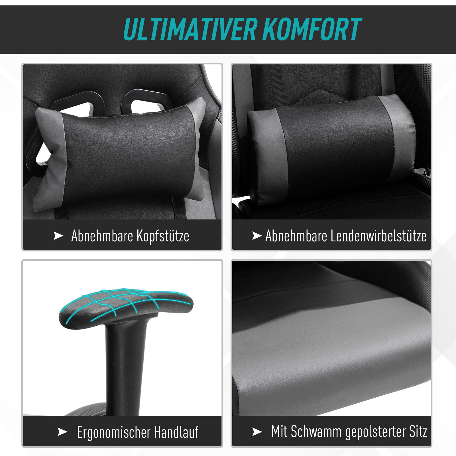 Ergonomischer Bürostuhl, Gaming Stuhl, Drehstuhl, Kunstleder, Schaumstoff, Schwarz, 67,5 x 74x 126-136 cm