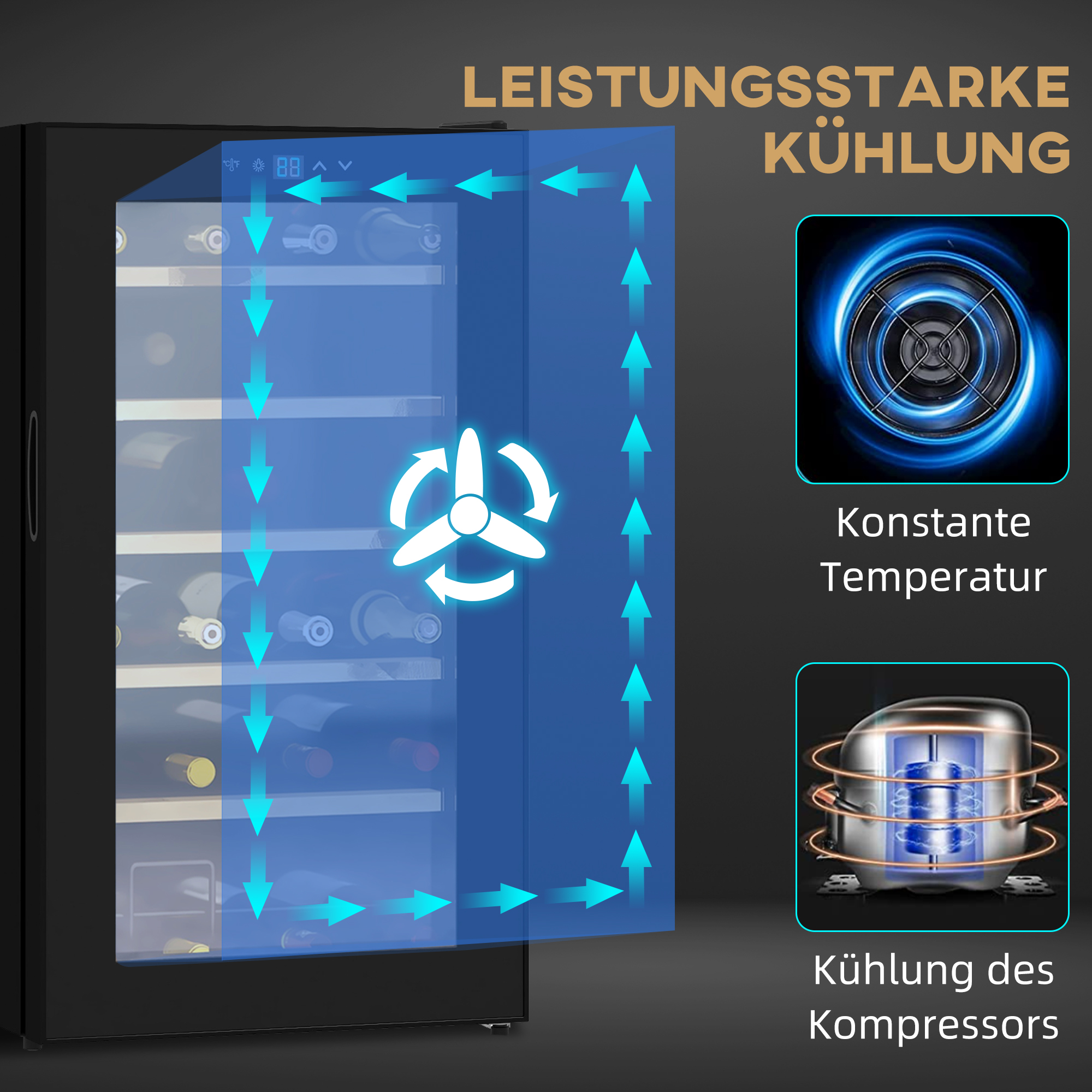 Weinkühlschrank klein Wohnzimmer für 24 Flaschen, einstellbare Temperatur 5 bis 20° C, LED-Beleuchtung, schwarz, 43 x 45 x 75 cm