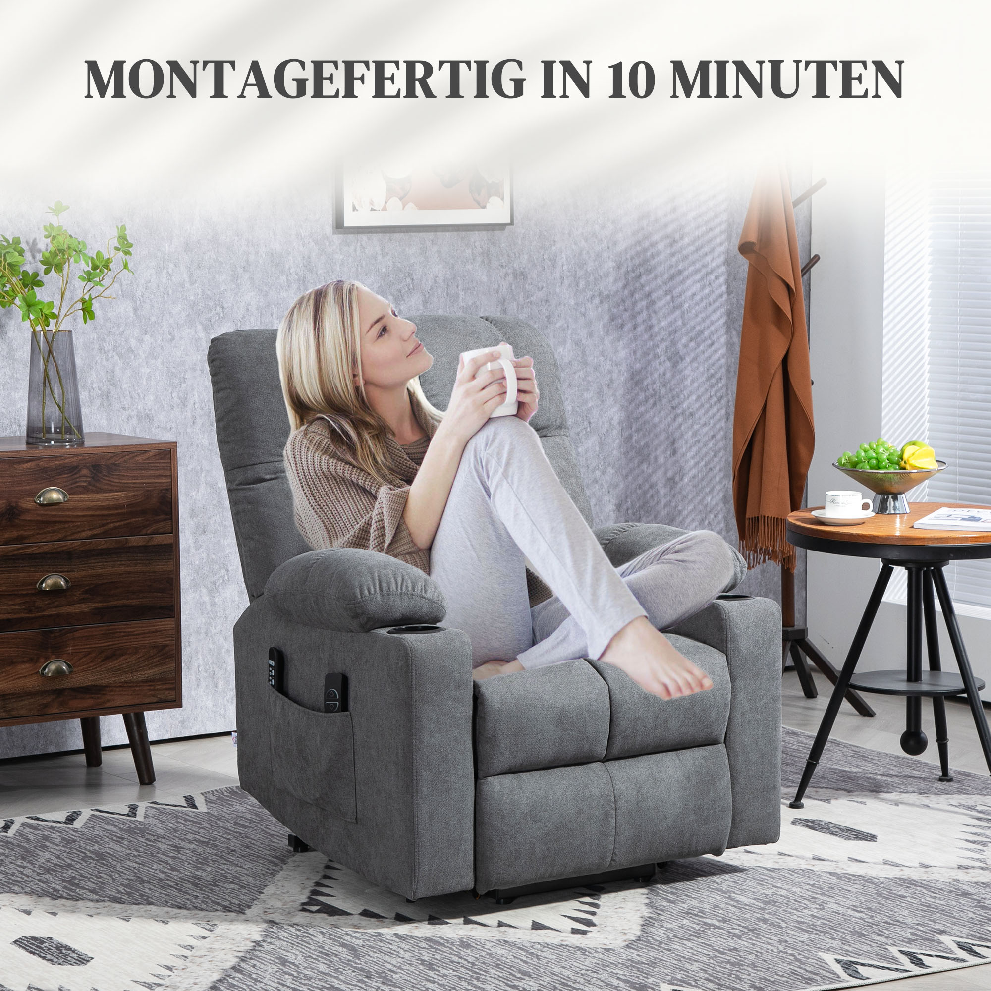 Aufstehhilfe Seniorensessel, Liegefunktion, inkl. Fernbedienung, 144 cm x 91 cm x 88 cm, Grau