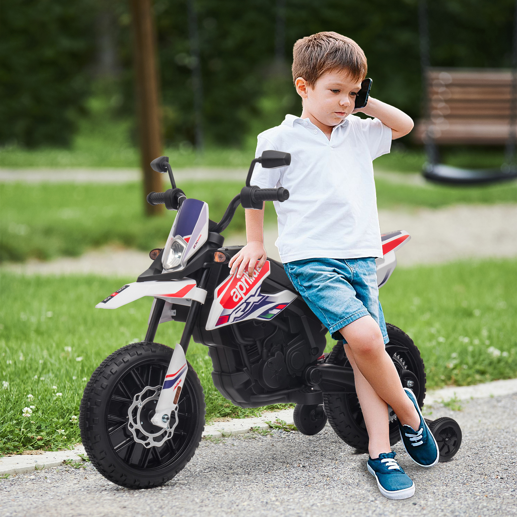 12V Kinder-Motorrad mit Stützrädern, LED-Lichtern, Musik, USB, Elektro-Motorrad für Jungen und Mädchen, Weiß