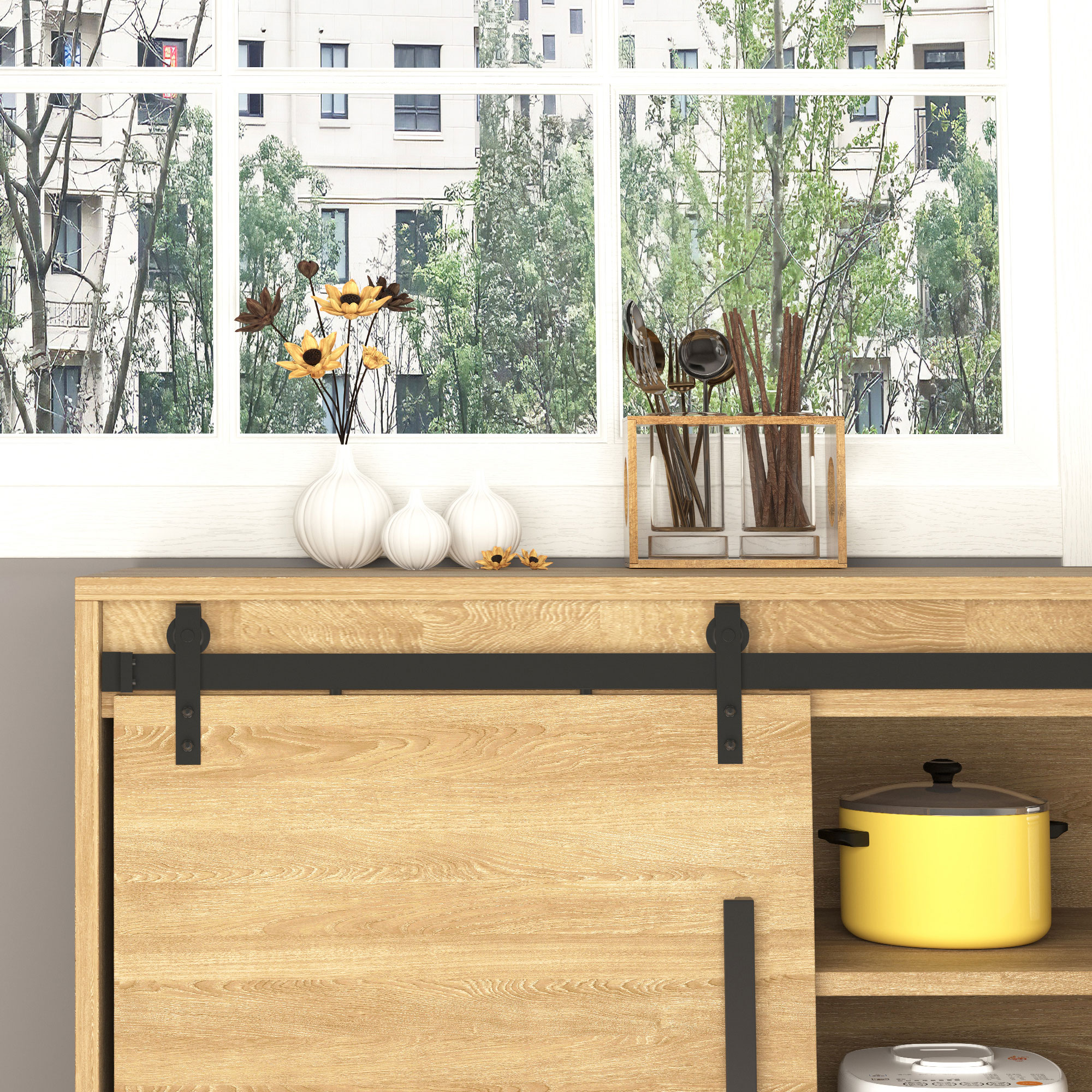 200 cm Schiebetür Komplettset Schiebetürbeschlag mit Bodenführung, Schiebetür Laufschiene, Laufrollen Schiebetürsystem für Einzelholzschiebetür