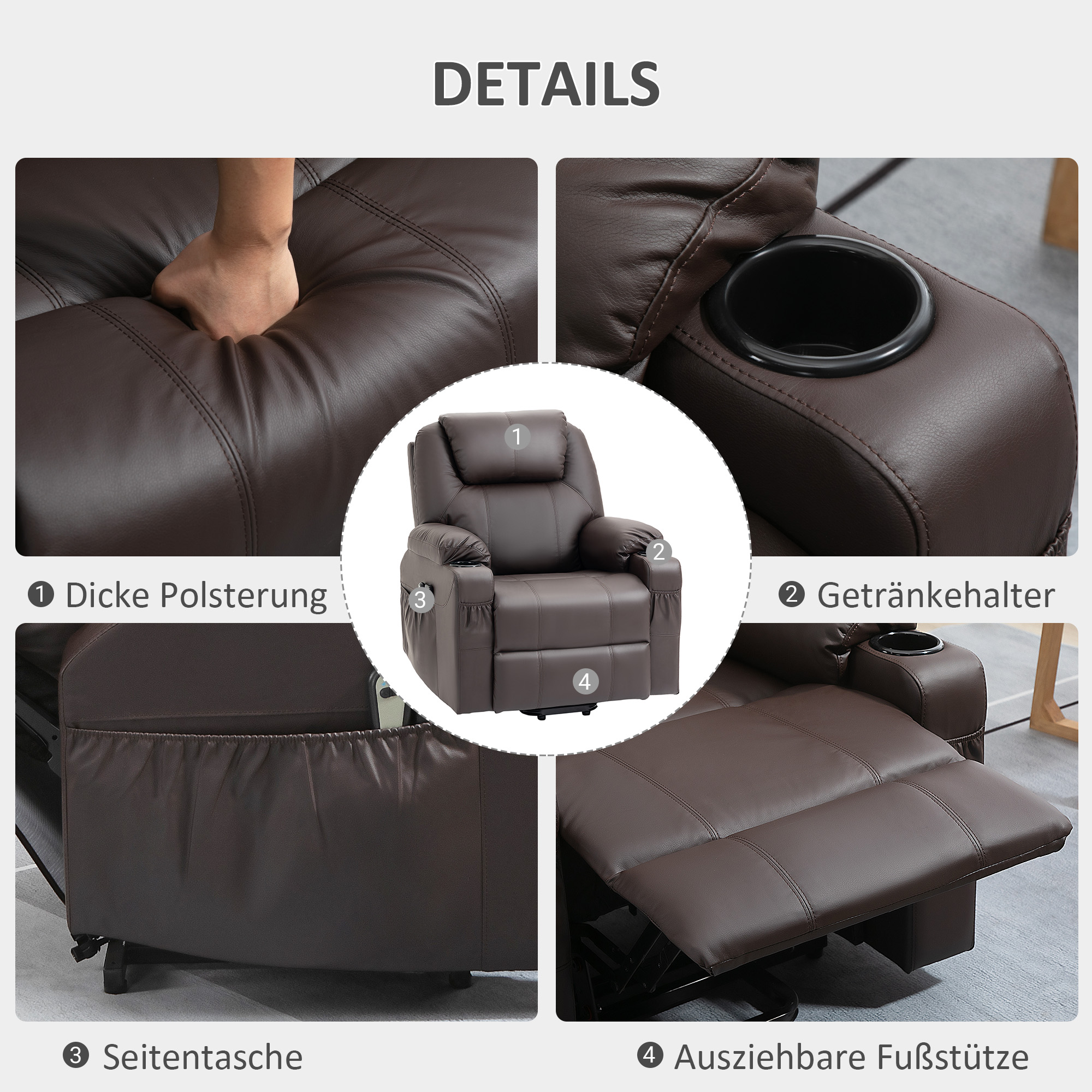 Massagesessel mit Aufstehhilfe, Liegefunktion, Kunstleder, bis 150 kg, 88 x 99 x 106 cm, Braun