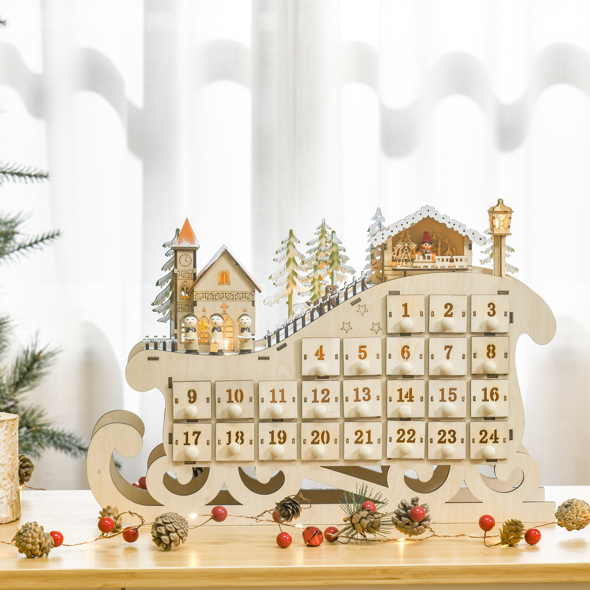 Adventskalender zum Befüllen 24 Schubladen Fächer Weihnachtskalender mit LED-Lichtern Schlitten-Form Adventskalenderbox Weihnachtsdekoration DIY Sperrholz-Platte Naturholz 45 x 10 x 31 cm