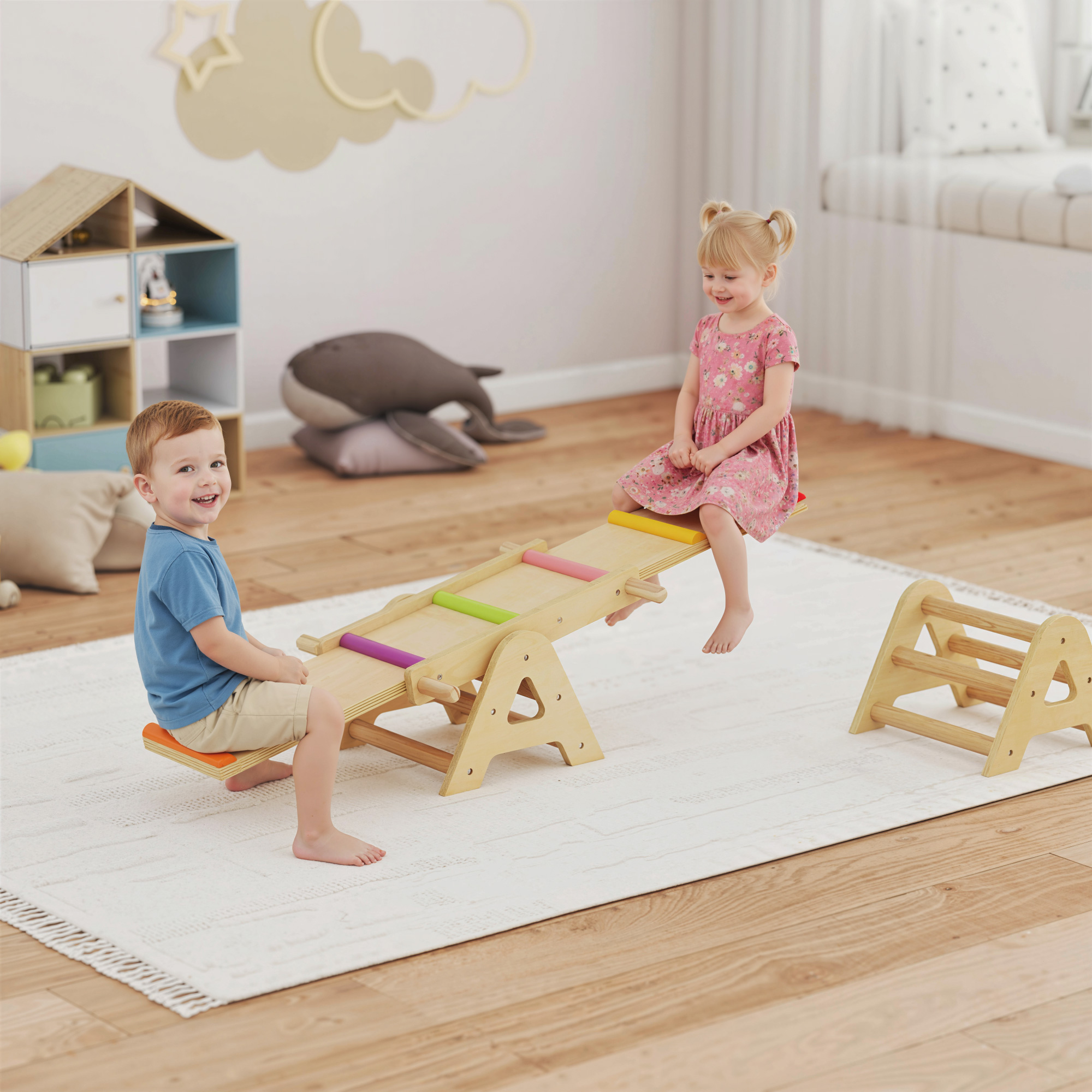 2 In 1 Balance Wippe Kinder, Schwebebalken aus Holz, Wippe Schaukelwippe Garten, Balance Board 133 x 38 x 24 cm