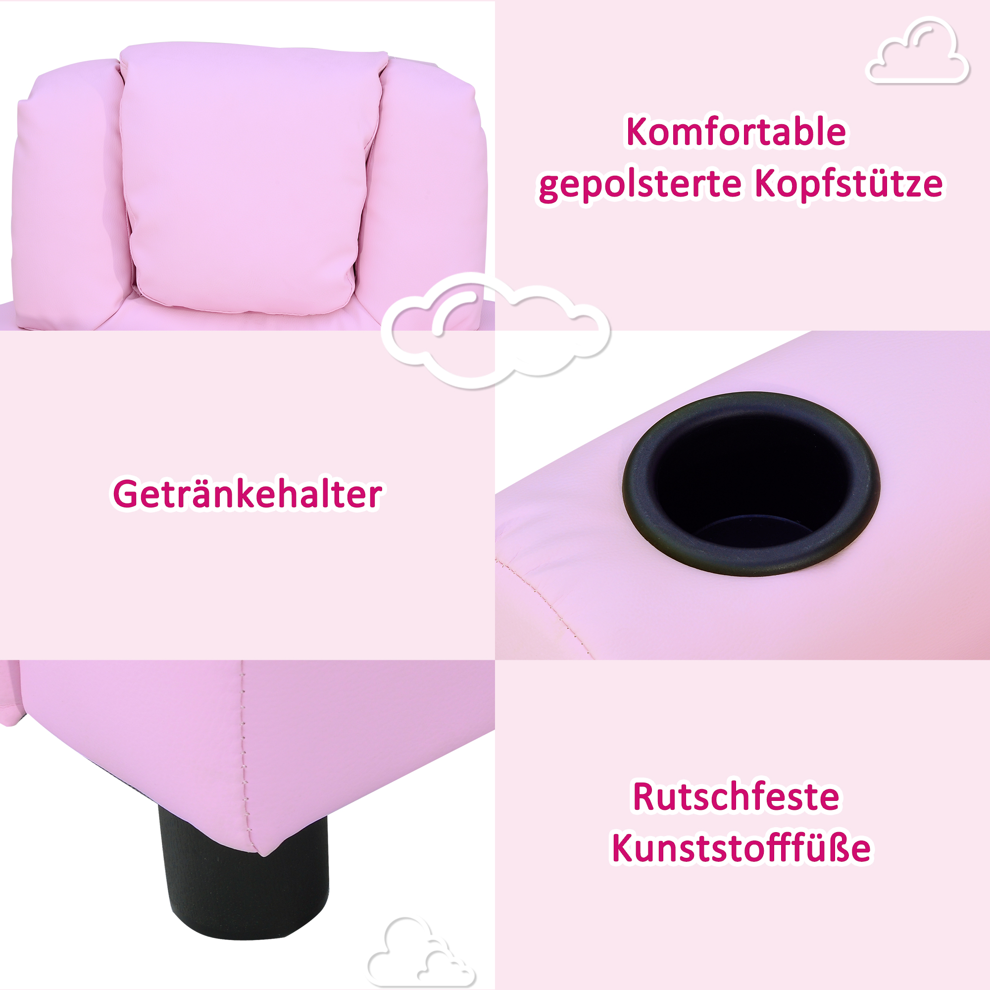 Kindersofa Kindersessel mit Fußstütze Armlehne Getränkehaltern verstellbare Rückenlehne Liegecouch Kindercouch Relaxsessel Kinder Sofa für 3-6 Jahre Jungen Mädchen Rosa
