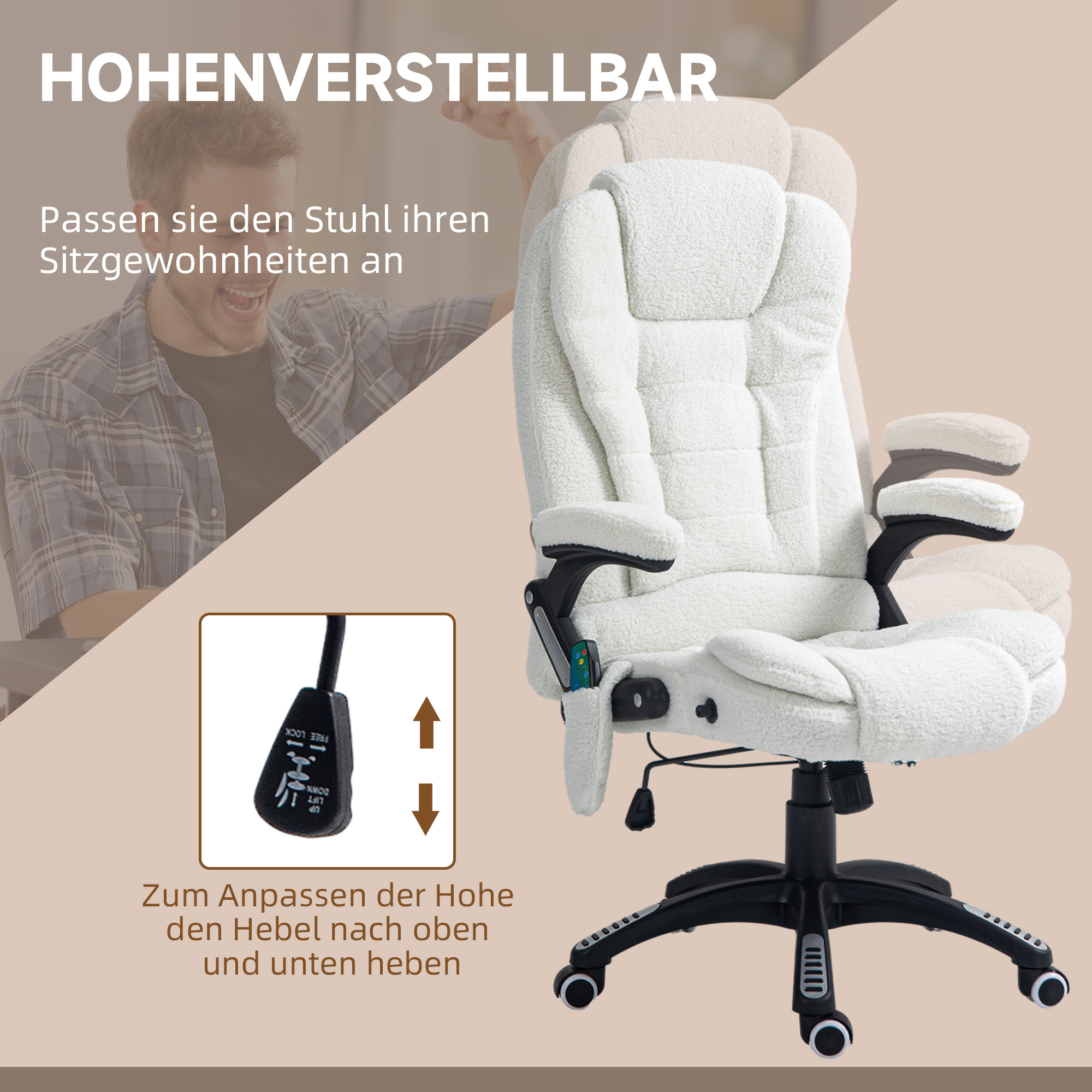 Bürosessel Massagefunktion Massagebürostuhl, Massagefunktion, höhenverstellbar, 67 x 74 x 107-116 cm, Weiß