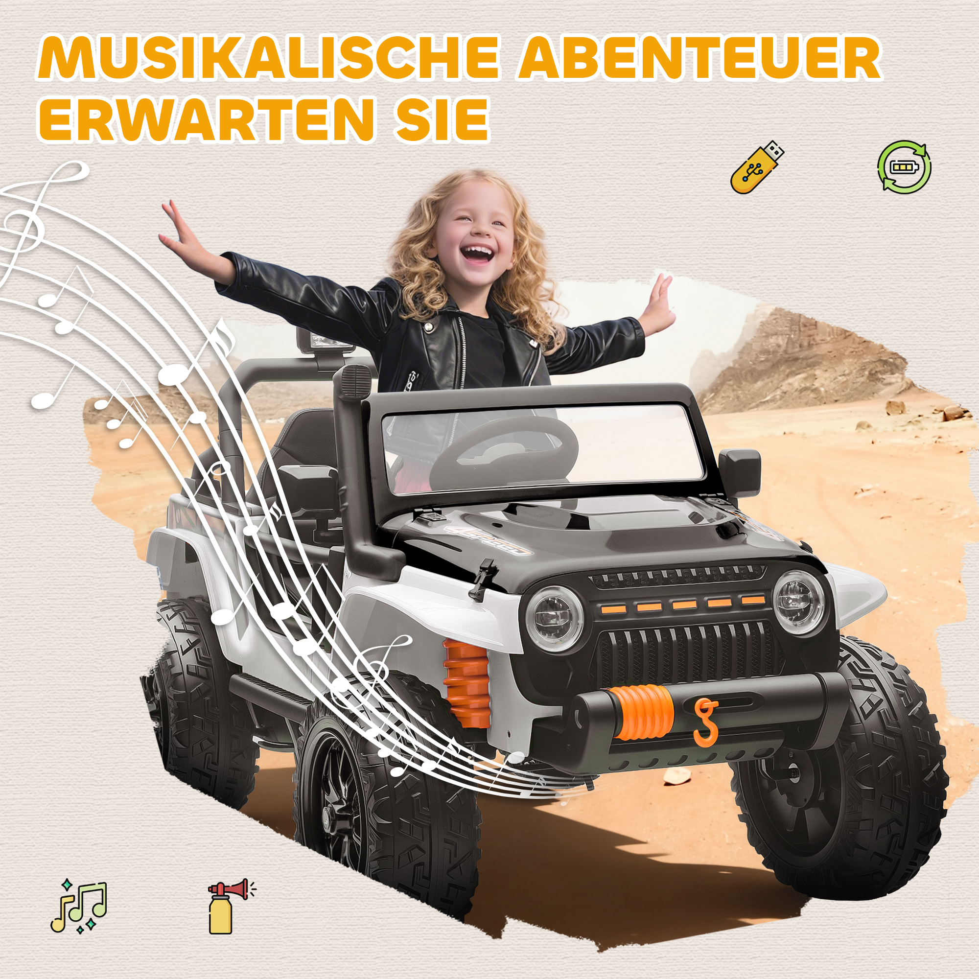 Elektrofahrzeug für Kinder, 12V Batterie, mit Eltern-Kind-Sitz, fernsteuerbar, Musik, Hupe, LED-Lichter, 3-8 Jahre, Weiß