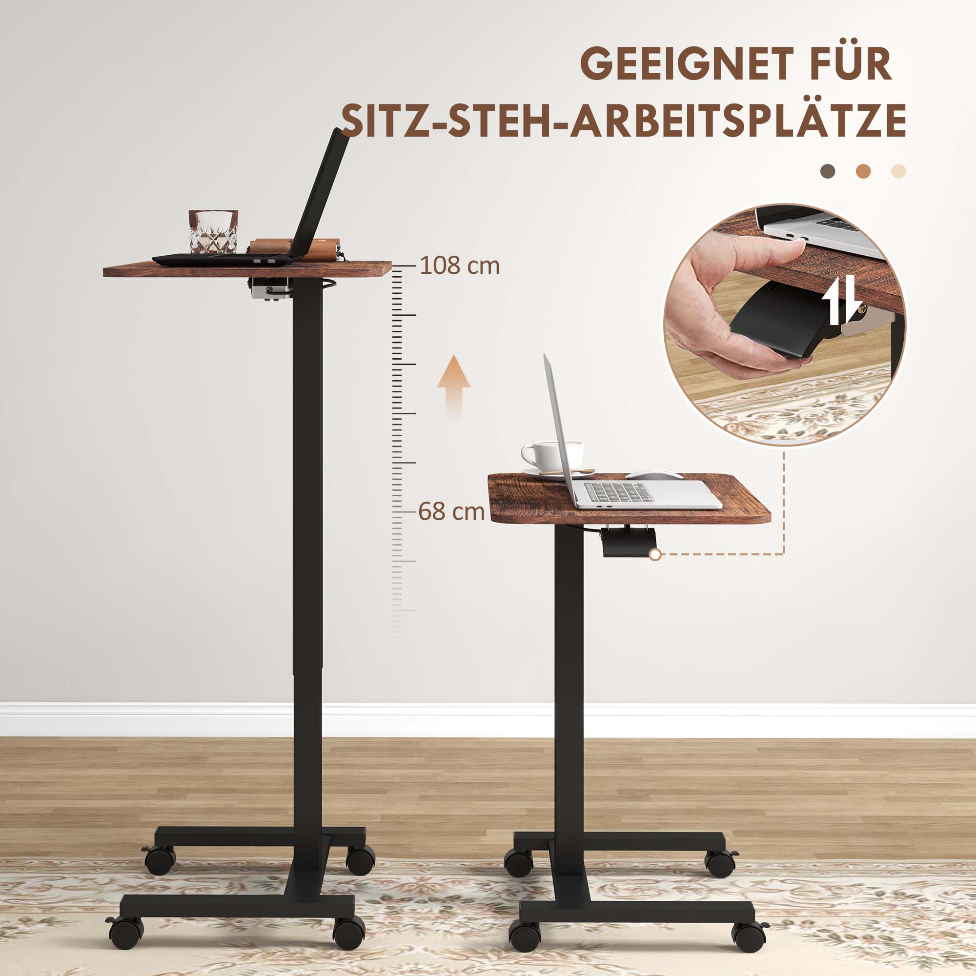 Stehpult Stehtisch, Laptoptisch, höhenverstellbar, 4 Rollen, 65 cm x 48 cm x 108 cm, Braun + Schwarz