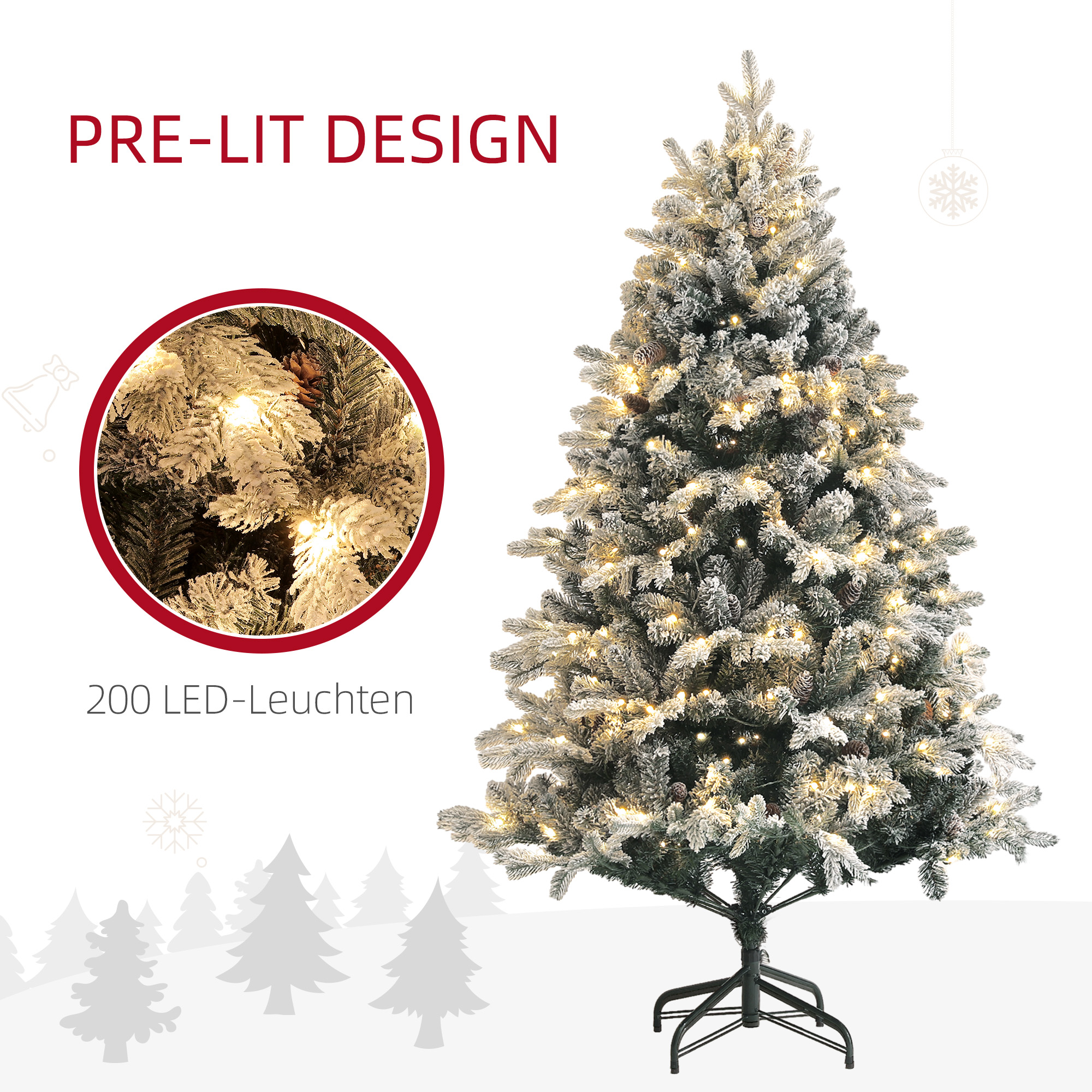 Künstlicher Weihnachtsbaum, 180 cm, LED-Lichter, schneebedeckt, flammenhemmend, Metall