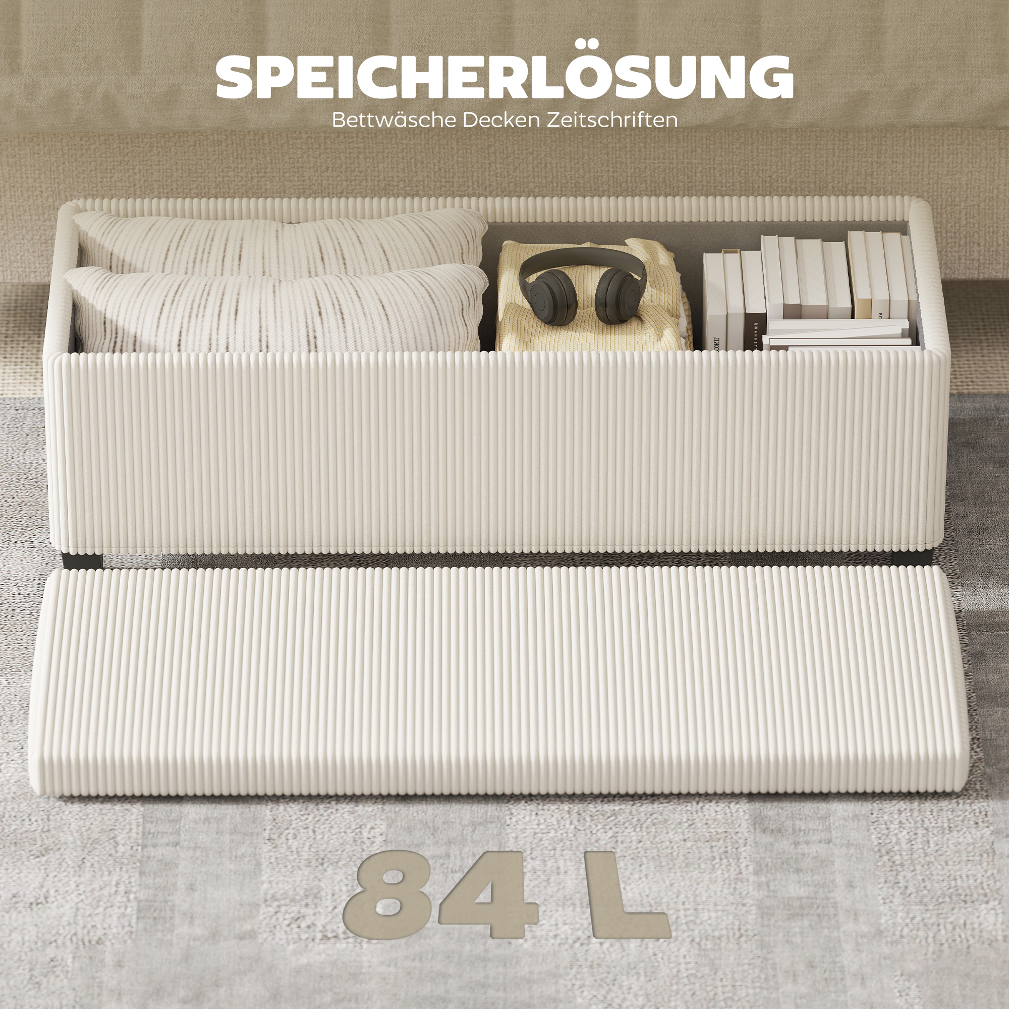 Sitzbank mit Stauraum, Aufbewahrungsbank, Cord-Design, Stahlrahmen, Beige