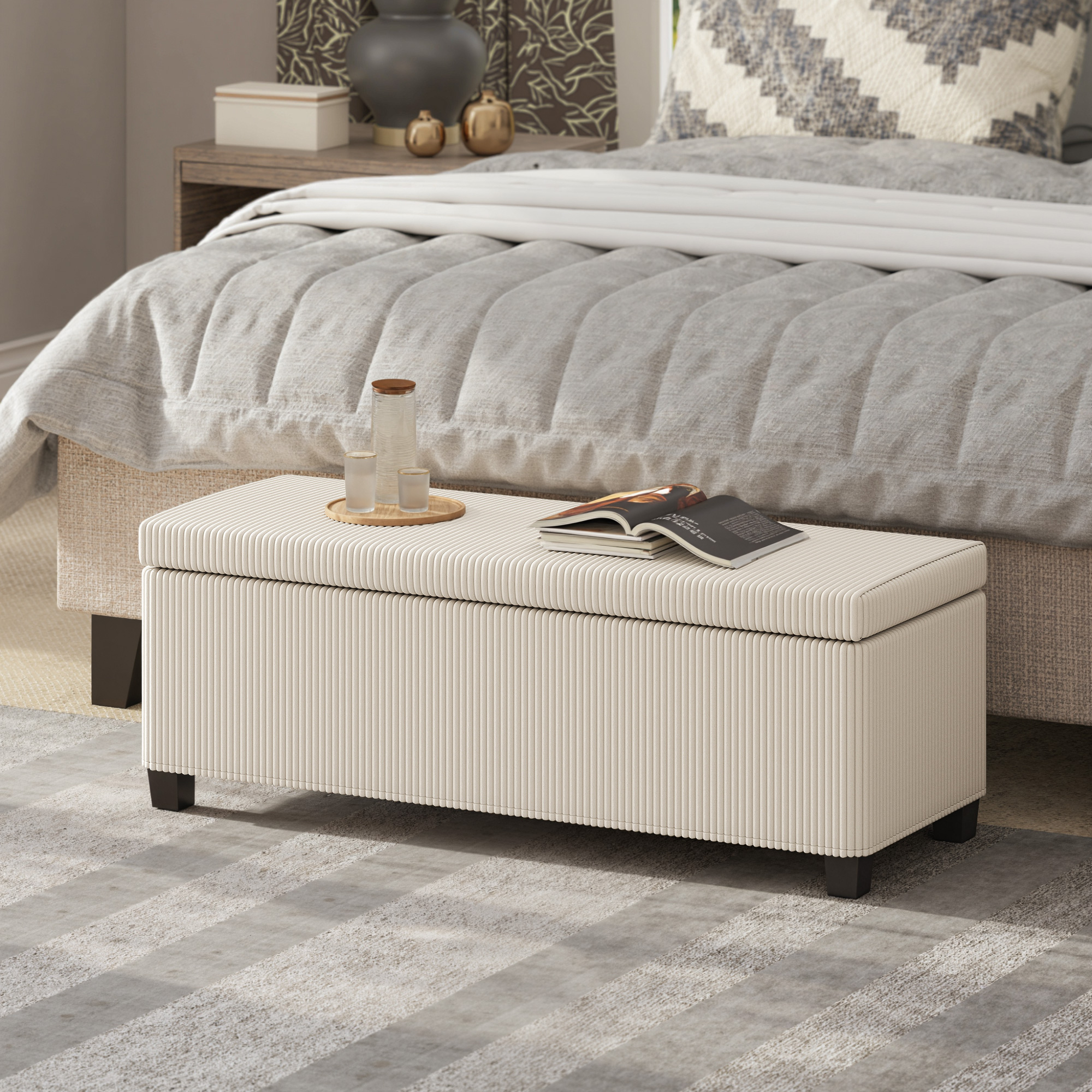 Sitzbank mit Stauraum, Aufbewahrungsbank, Cord-Design, Stahlrahmen, Beige