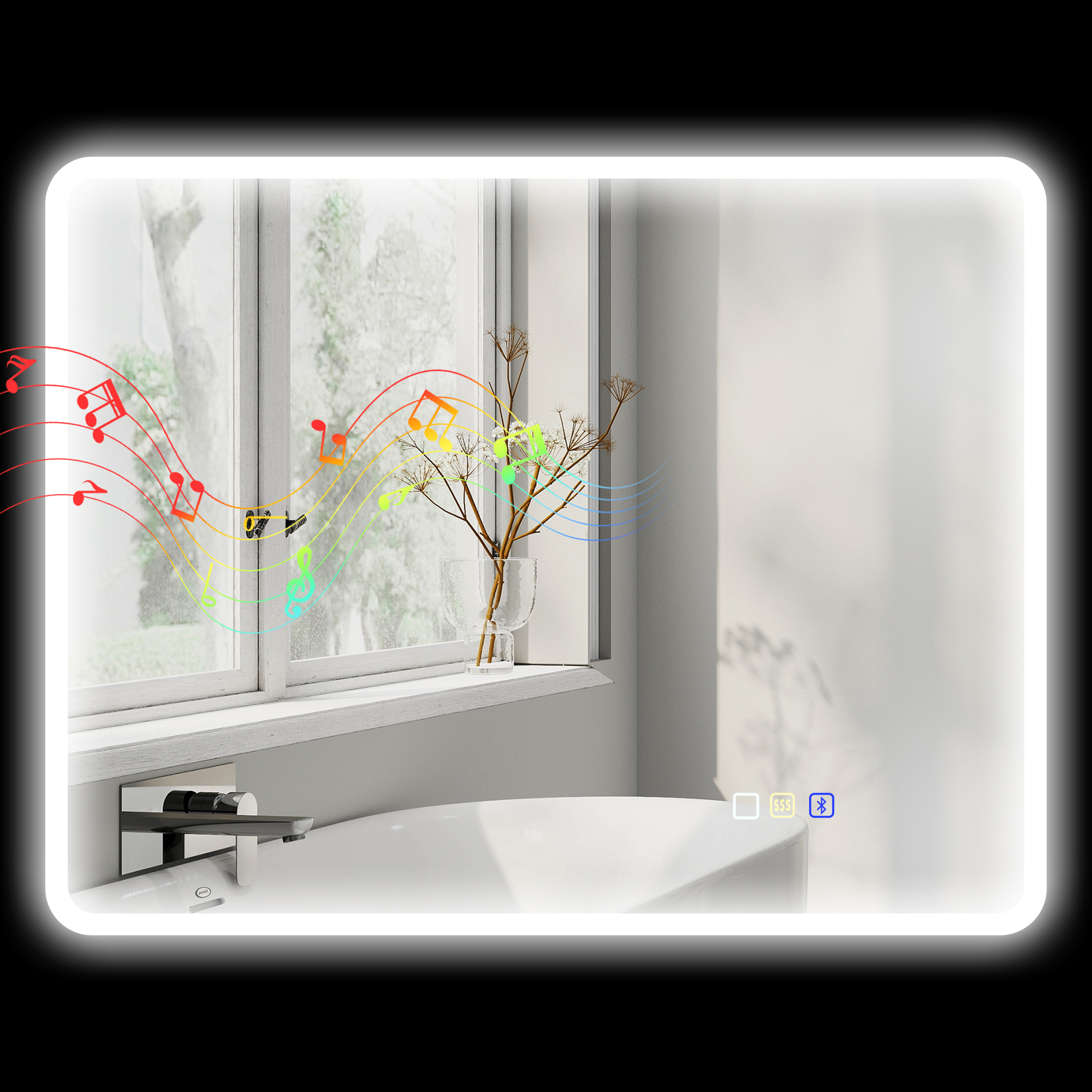 Badezimmerspiegel LED Bluetooth 70 x 90 cm Touchschalter Licht einstellbar 3 Farben Anti-Beschlag Speicher Silber