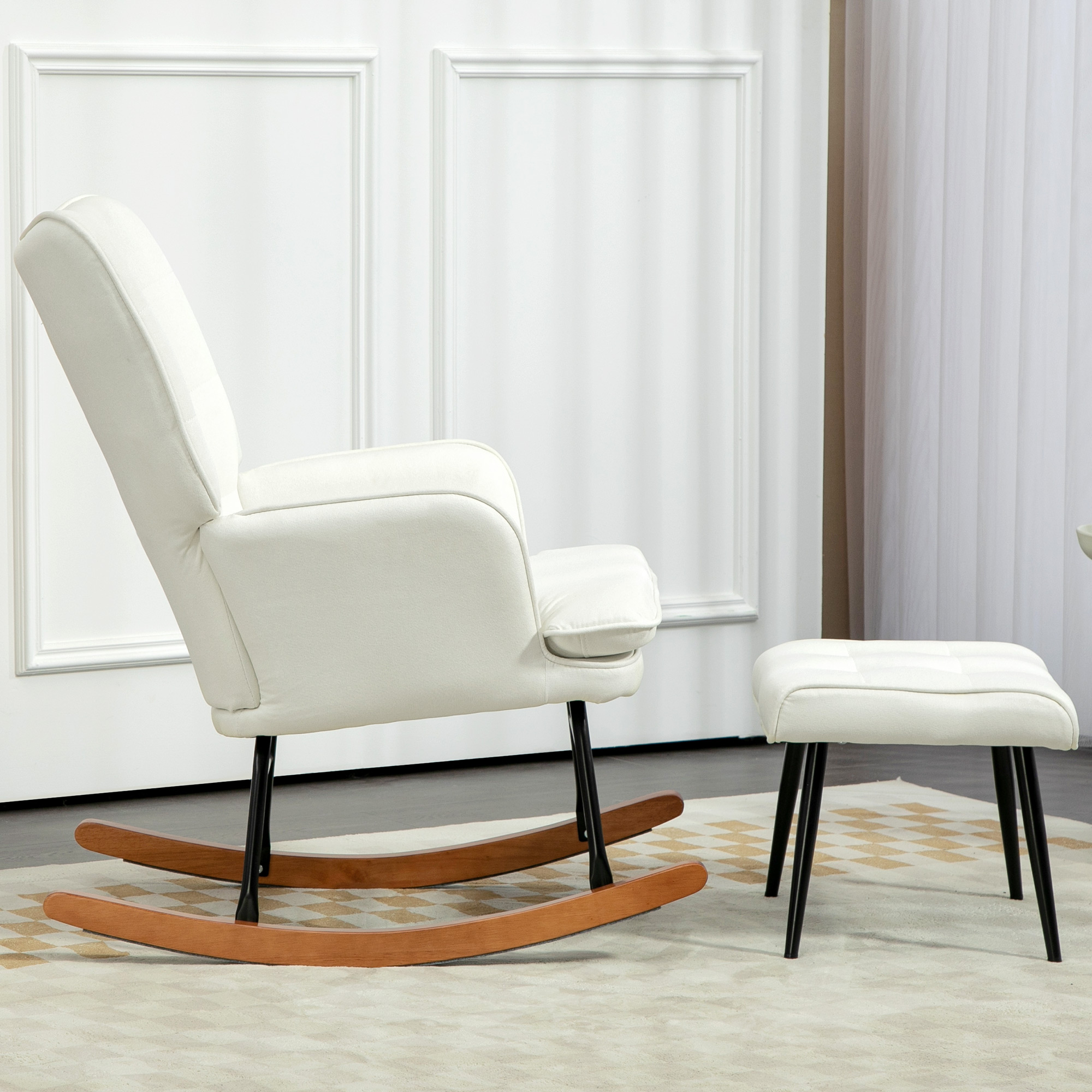 Schaukelstuhl mit Hocker, sanftes Schaukelsystem, Leinenimitat, 64 x 89 x 90 cm, Cremeweiß