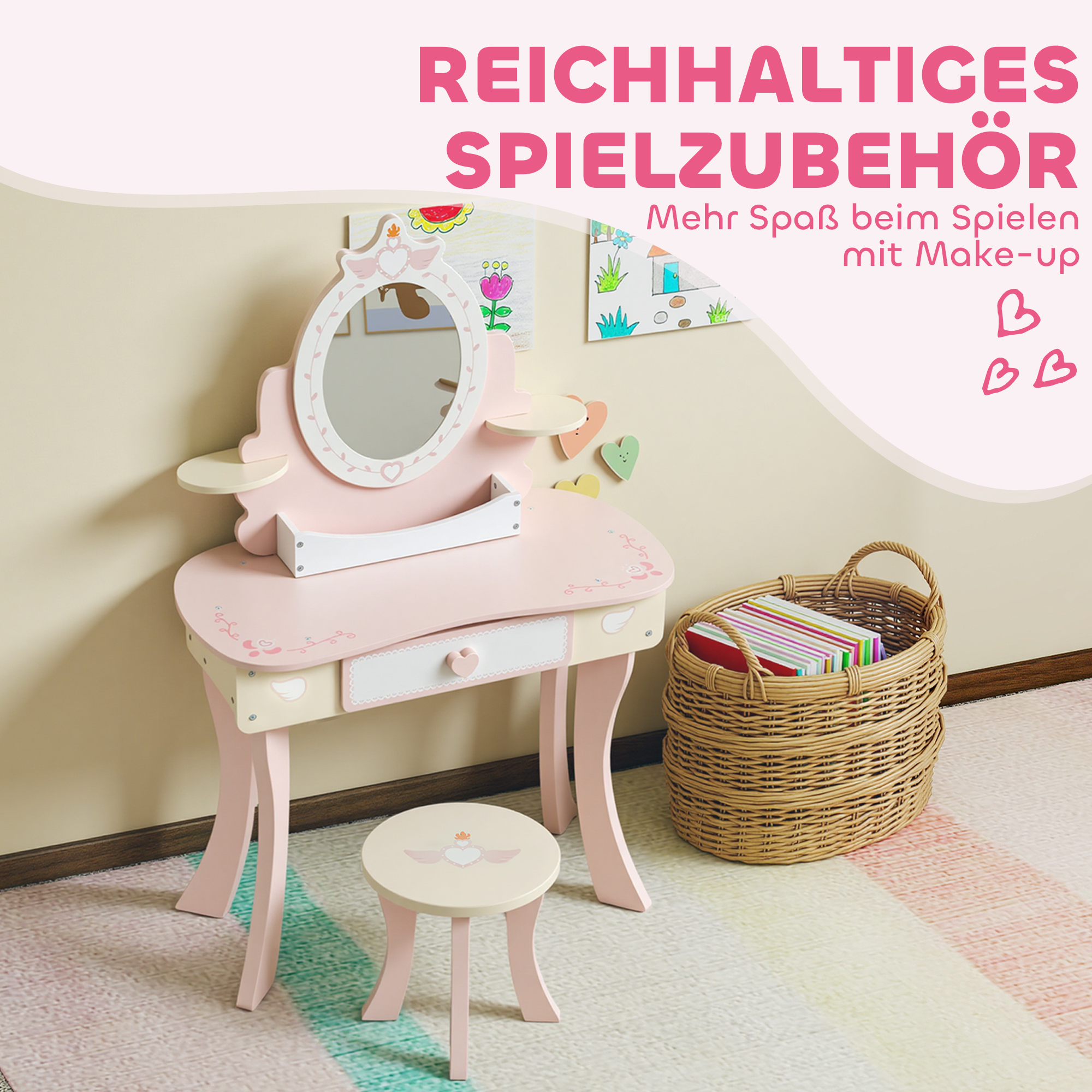Kinderschminktisch, Stuhl, Schublade, abnehmbarer Spiegel, Kinderschreibtisch mit 7 Zubehörteilen, 2-in-1 Design, MDF, Rosa