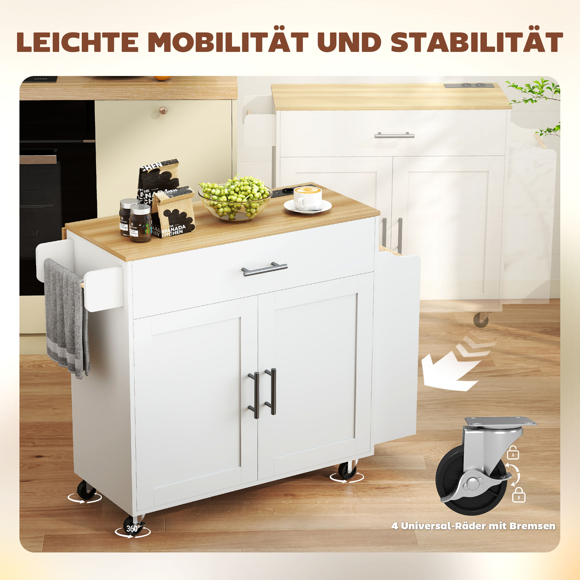 Kücheninsel, Küchenwagen auf Rollen, mit abklappbarer Arbeitsplatte, Schublade, Ablage, 120 x 68 x 85 cm, Weiß