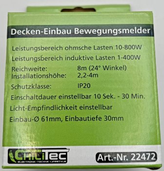 Decken-Einbau-Bewegungsmelder 360° FLAT - PIR, LED geeignet, 8m Detektion, 80x30mm