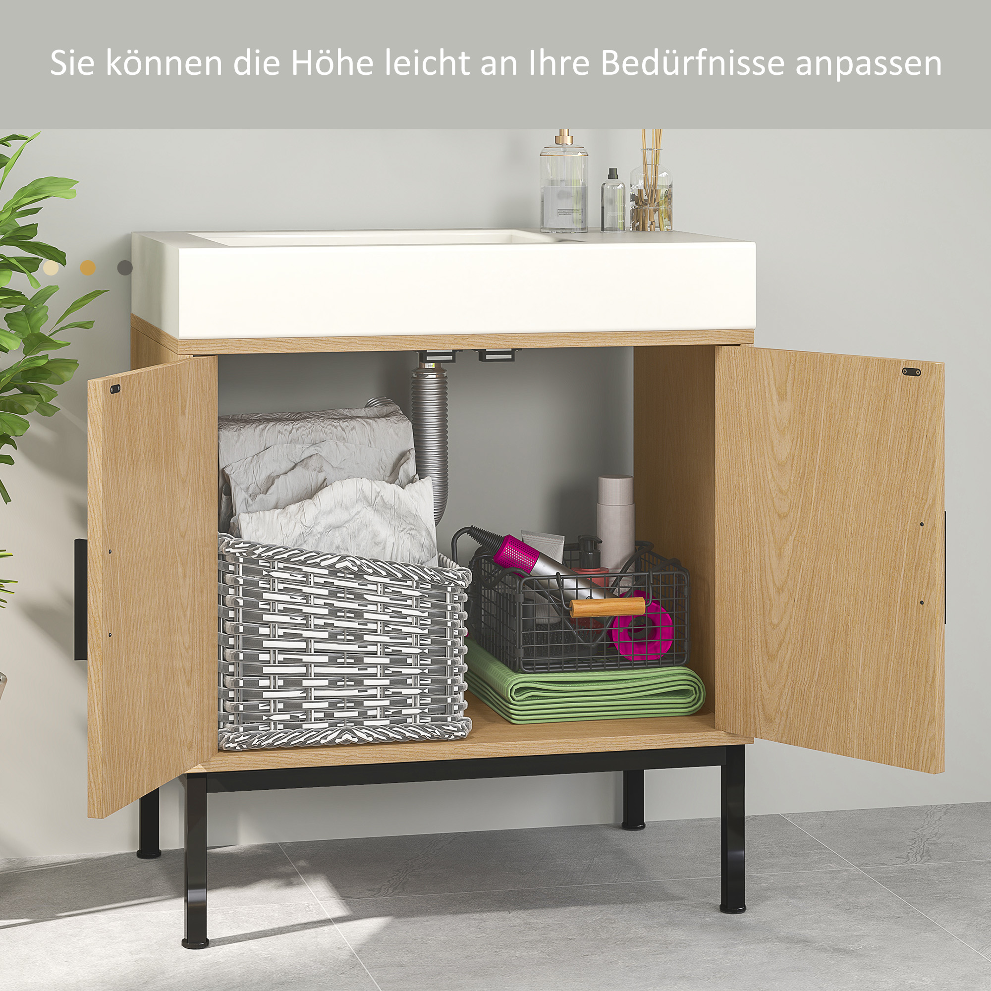 Badezimmerunterschrank, im Boho-Design, Badezimmerschrank, Rattan-Elemente, mit U-Ausschnitt, Eiche