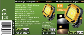 Mini Baustrahler mit Akku "CT-MB5" / schwenkbar, 400Lumen, 5 Watt, Magnet