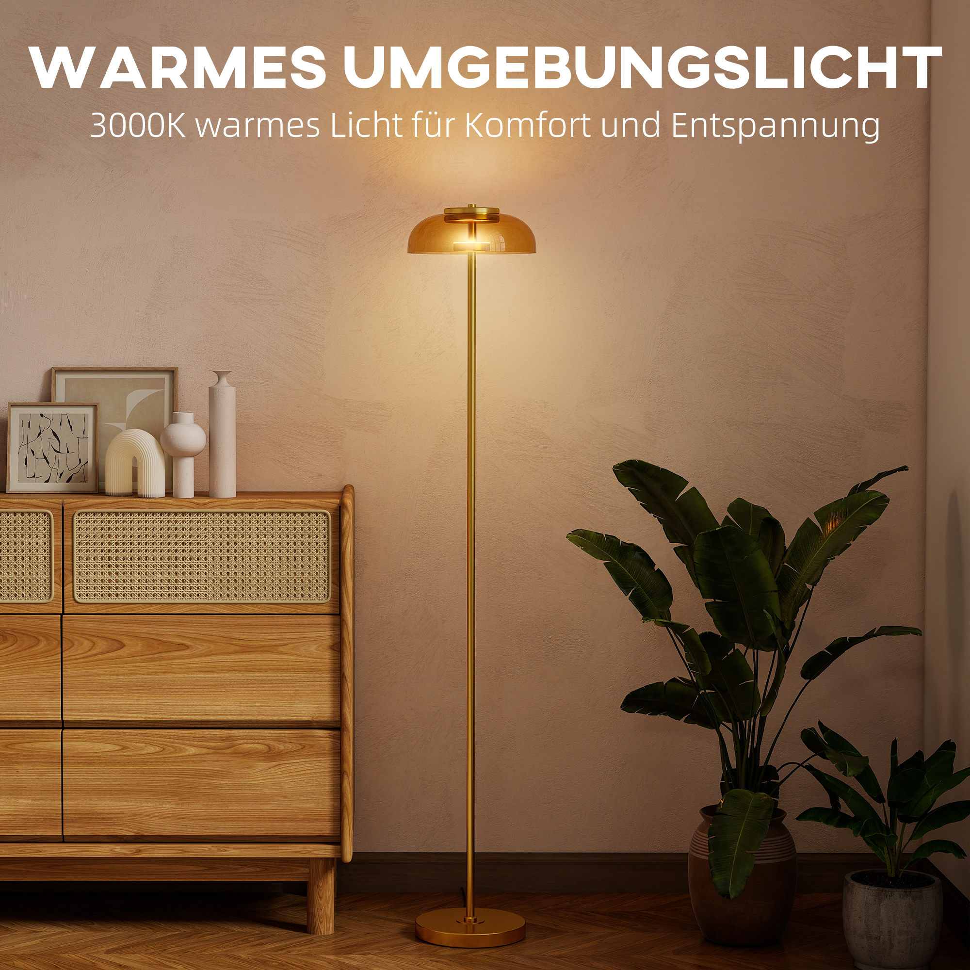 LED Stehlampe Wohnzimmer, Stehleuchte mit 3000 K warmem Licht, Fußschalter, 25 x 25 x 134 cm, Messing