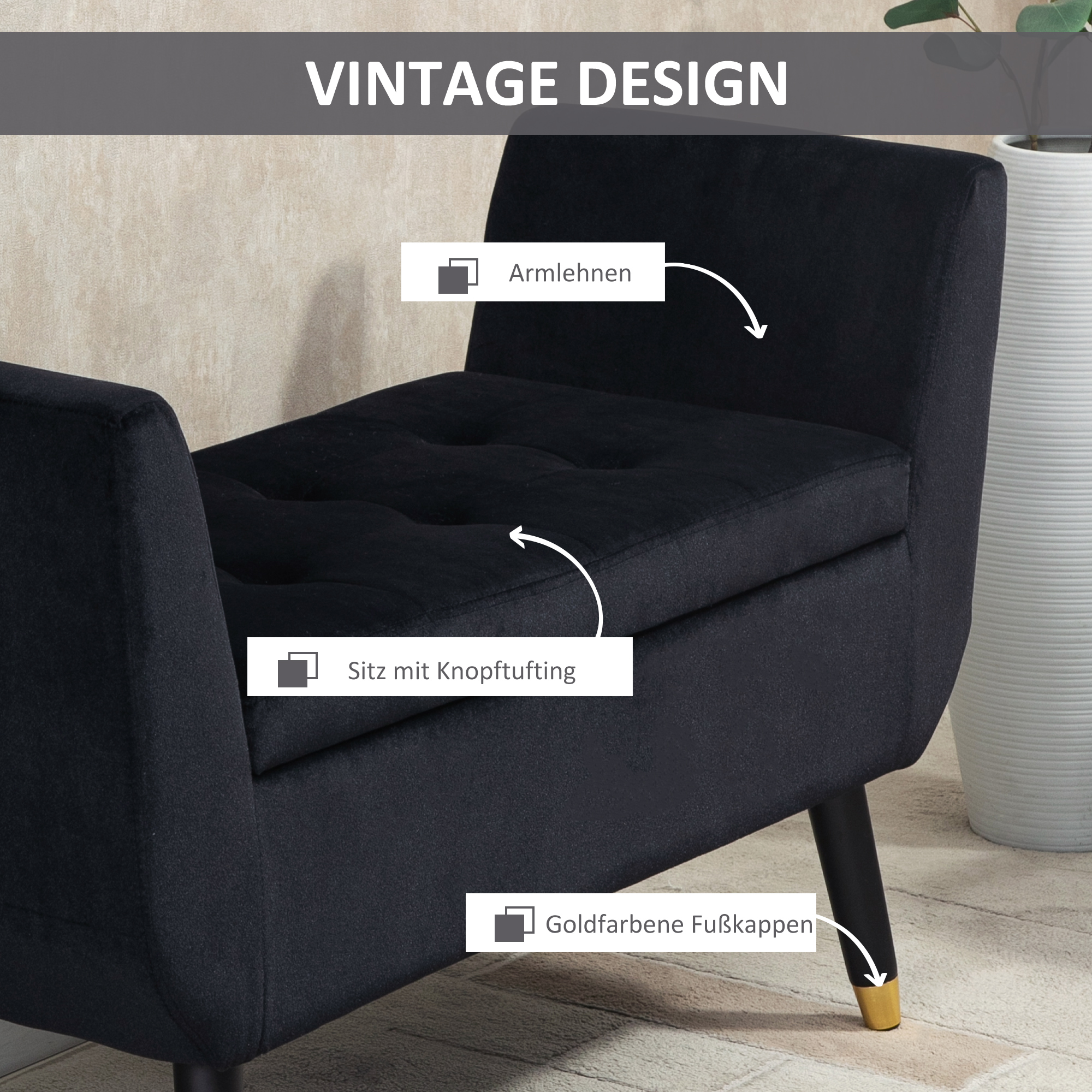 Sitzbank mit Stauraum Armlehnen Polsterbank mit Samtoptik, Sitztruhe mit Holzbeine, Truhenbank für Wohnzimmer Schlafzimmer Flur 107 x 42 x 65 cm, Schwarz