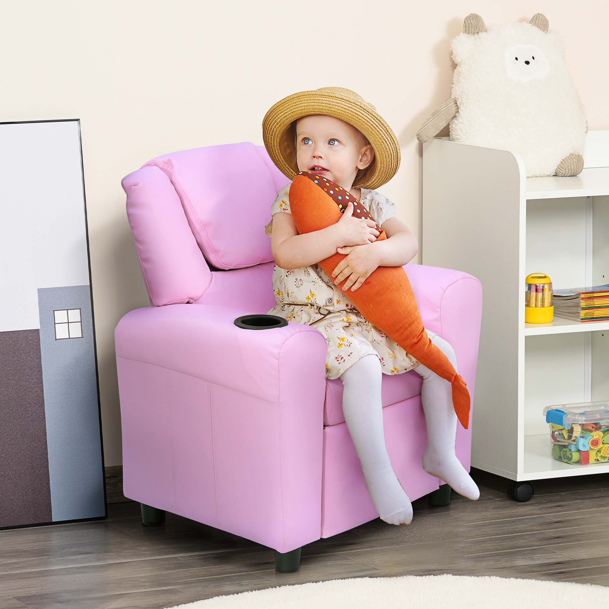 Kindersofa Kindersessel mit Fußstütze Armlehne Getränkehaltern verstellbare Rückenlehne Liegecouch Kindercouch Relaxsessel Kinder Sofa für 3-6 Jahre Jungen Mädchen Rosa