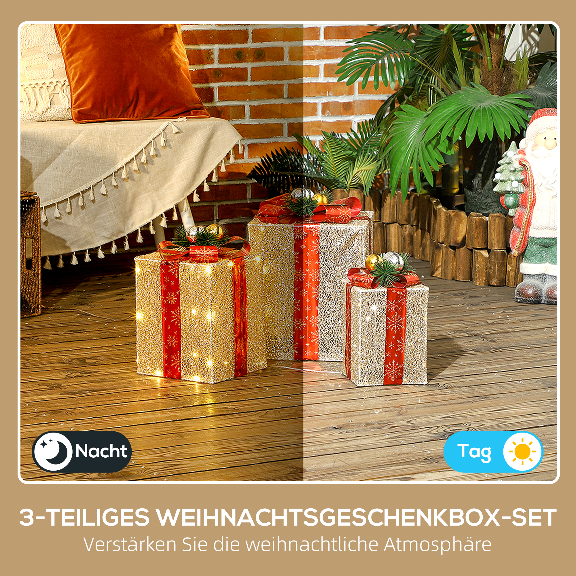 3-teiliges Weihnachts-Geschenkboxen-Set für Innen- und Außendekoration, mit 58 LED-Lichtern, Goldton