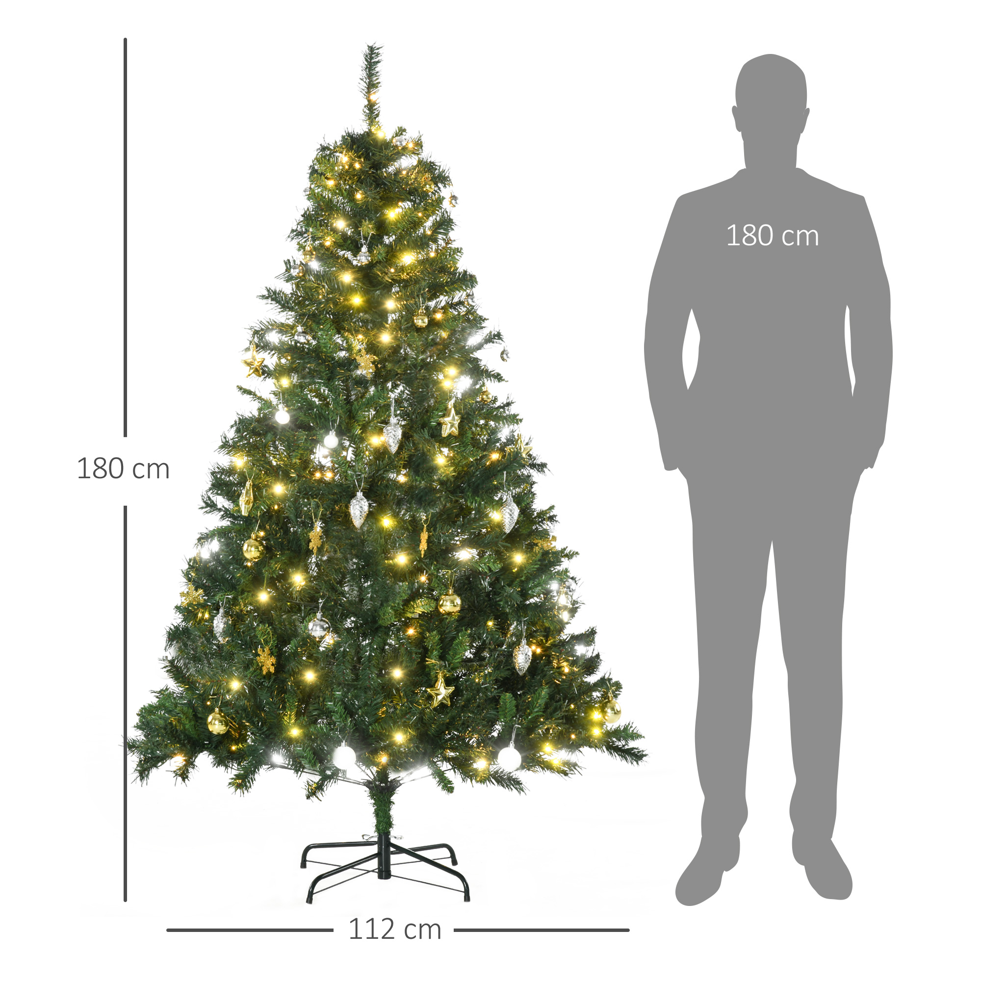 Künstlicher Weihnachtsbaum 180 cm künstlich Tannenbaum mit LED Beleuchtung, Kugeln, Christbaum mit 745 Spitzen, Weihnachtsdeko inkl, Metallständer für Drinnen