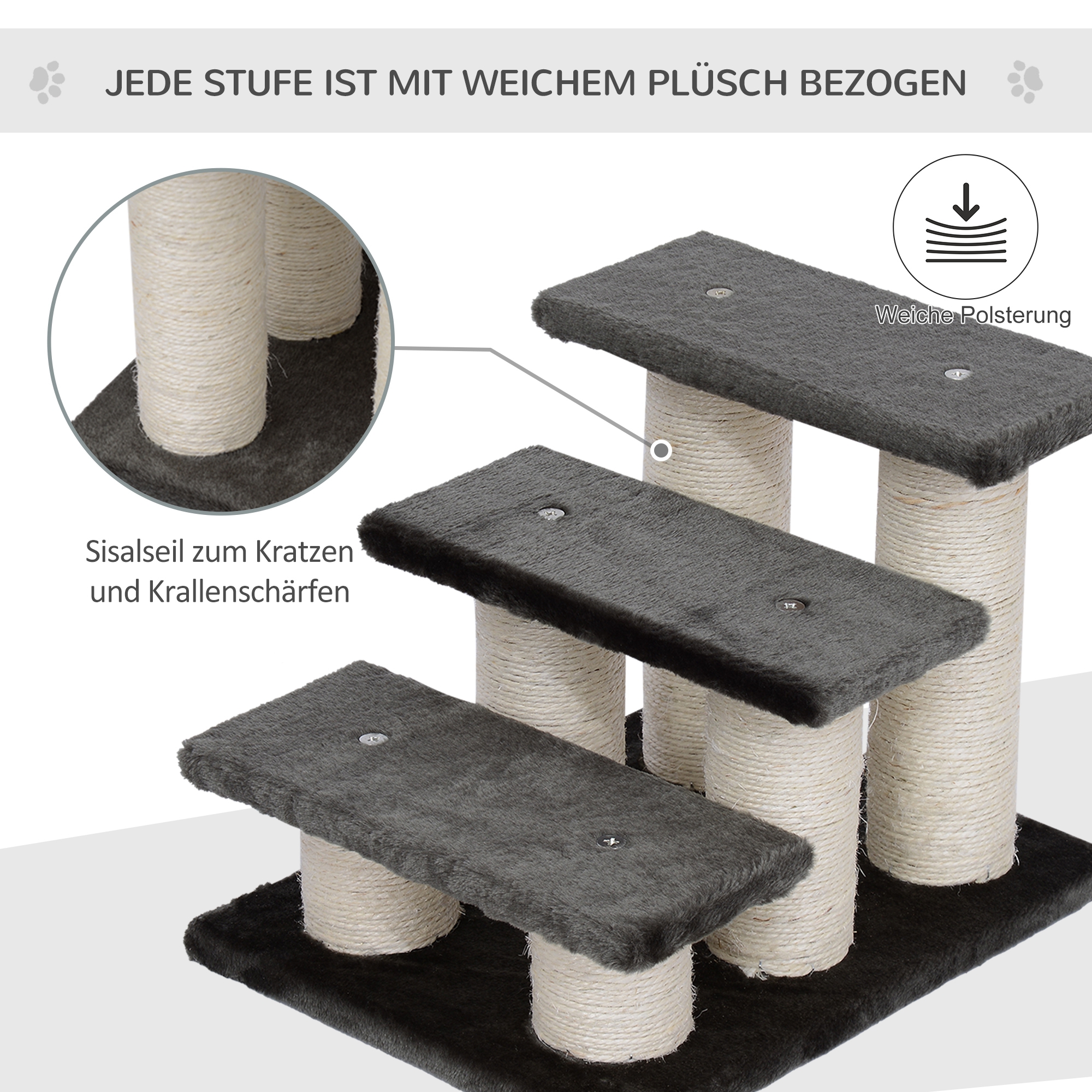 Hundetreppe 3 Stufen 34 cm Hoch Haustiertreppe für Hunde Katze Katzentreppe mit Kratzstamm Hunderampe Einstiegshilfe für Bett, Sofa, Couch Dunkelgrau