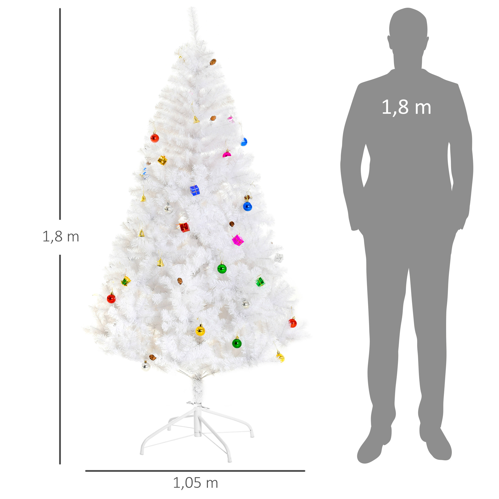 Künstlicher Weihnachtsbaum 180 cm künstlich Tannenbaum mit Kugeln, Glocken, Trommeln, Geschenkboxen, Christbaum mit 930 Spitzen, 12 Tannenzapfen Weihnachtsdeko inkl, Metallständer für drinnen