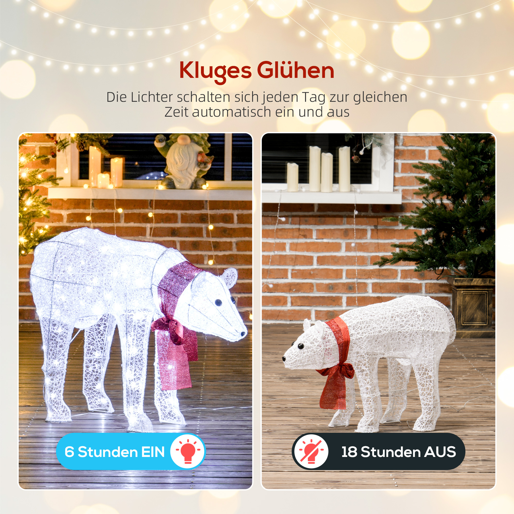 2-teilige Eisbären-Weihnachtsdekoration, 140 weiße LEDs, Wasserfest, Timer, für drinnen und draußen