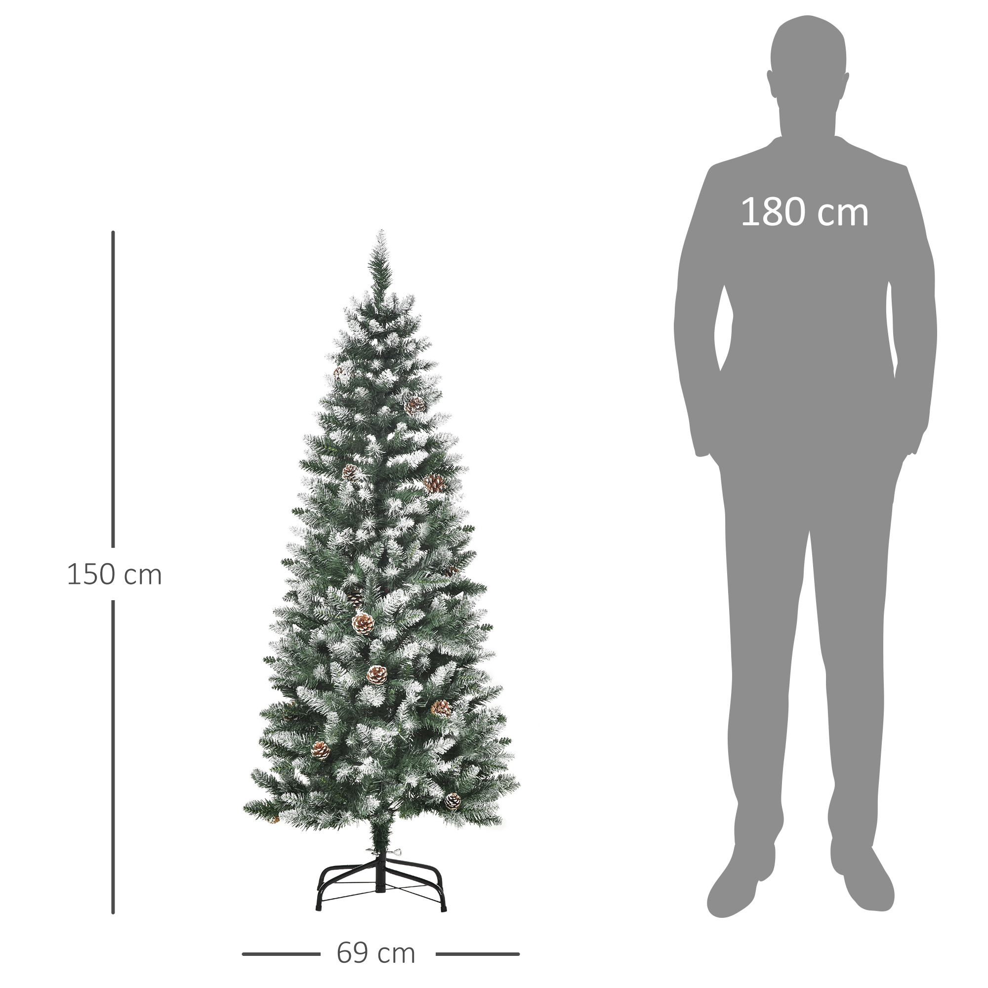 Künstlicher Weihnachtsbaum, 630 Zweige, 37 Zapfen, verschneite Spitzen, feuerfest, 150 cm