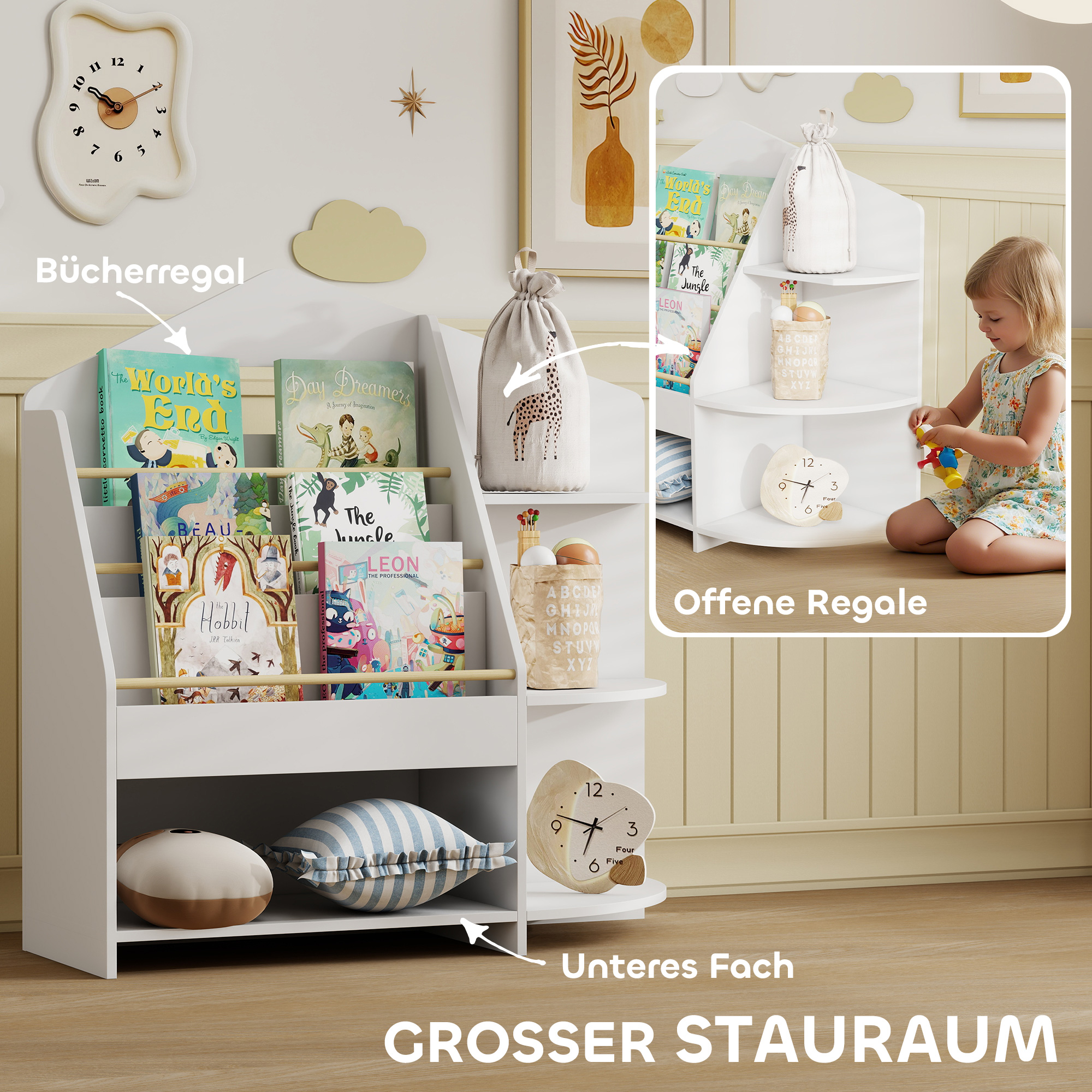 Kinderregal mit 7 Regalen für Bücher, Spielzeug, runde Kanten, trägt 40 kg, Weiß