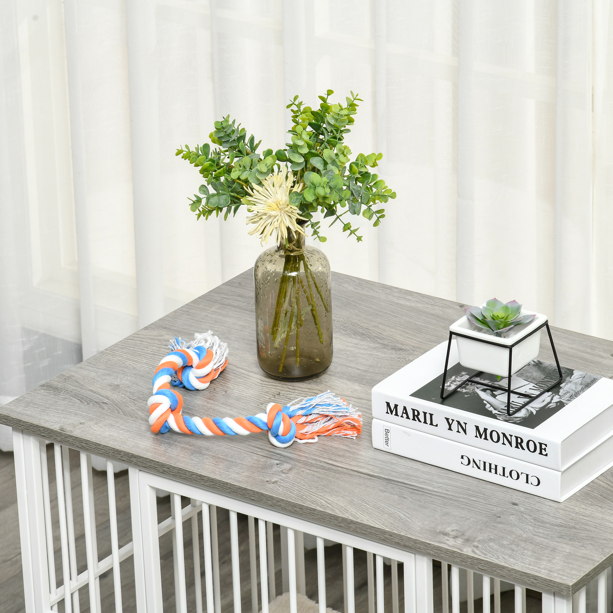 Hundekäfig aus Holz, Hundebox, Transportbox, mit Kissen, 86 cm x 60 cm x 70 cm Holzwerkstoff Stahl Weiß + Grau