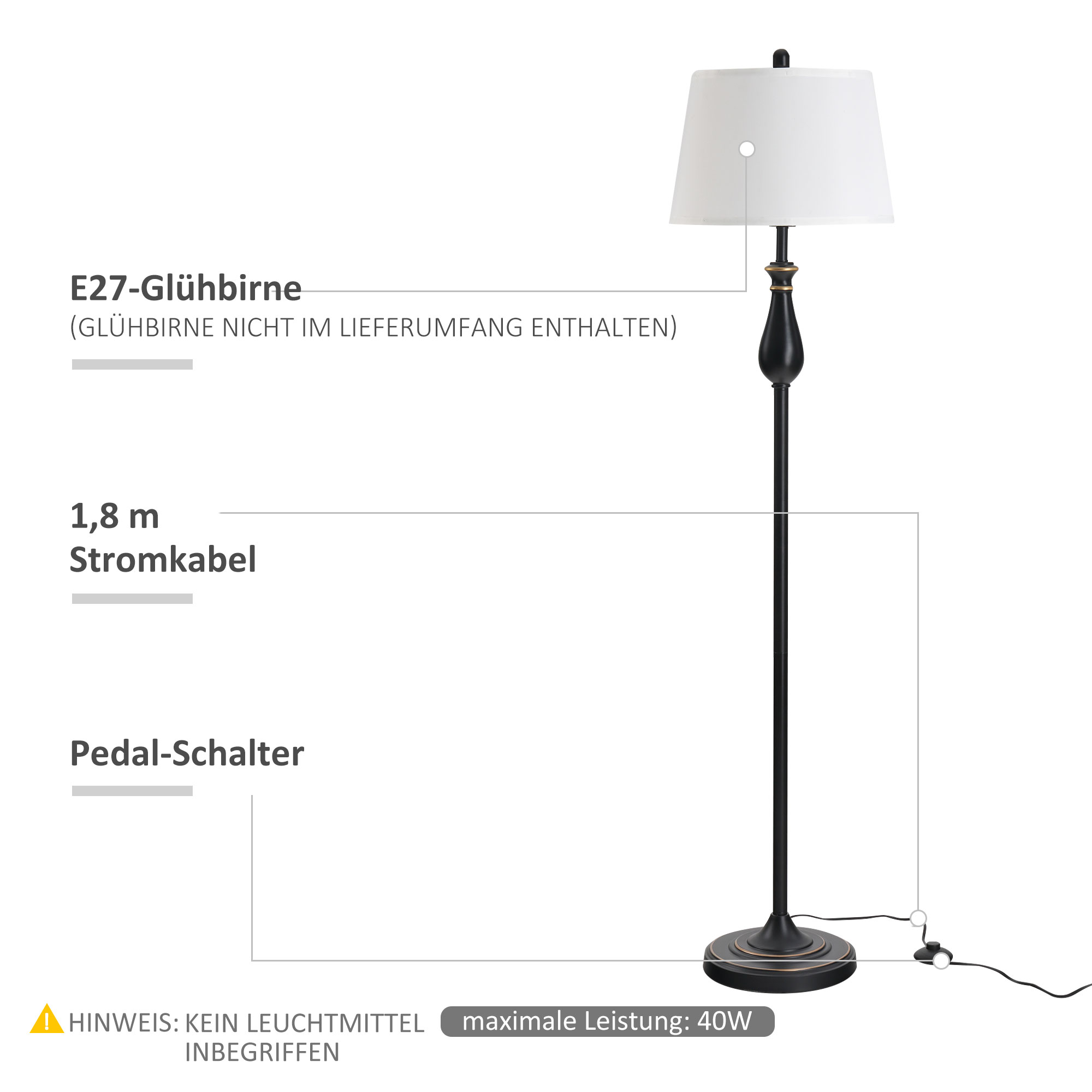 3er-Set Stehlampen-Set inkl. 2 Tischleuchten, 1 Stehleuchte, Tischlampen-Set mit E27 Fassung, Lampenschirm aus Leinen Standlampe für Wohnzimmer, Schlafzimmer, Weiß+Schwarz